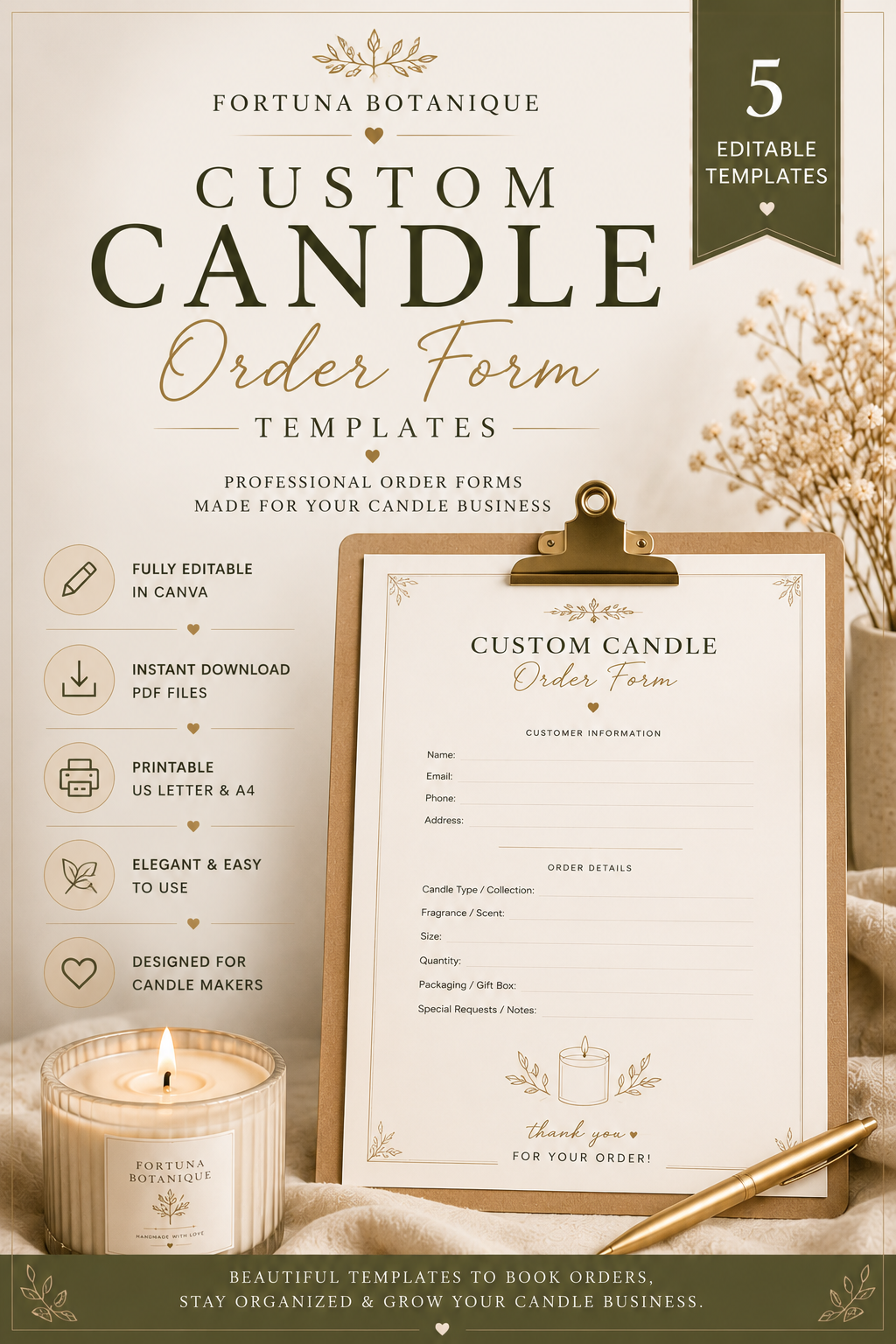 Luxury Candle Order Form Templates | Printable Customer Order Forms | Editable Canva PDF for Candle Makers | Instant Digital Download