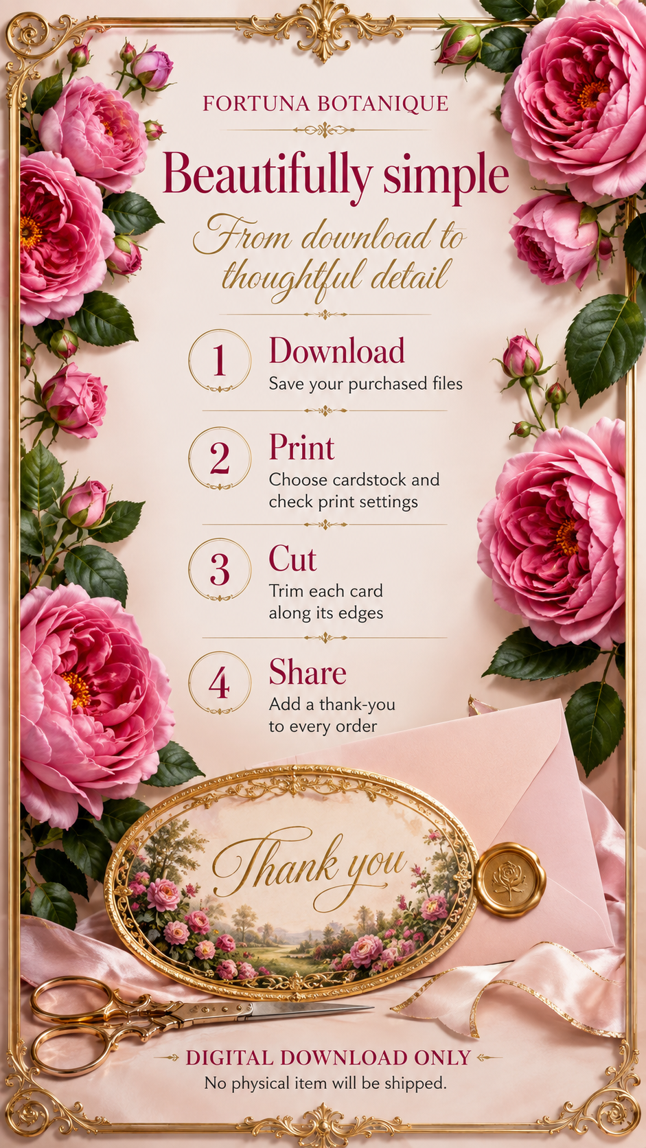 Luxury Pink Roses Printable Thank You Cards | 50 Small Business Cards