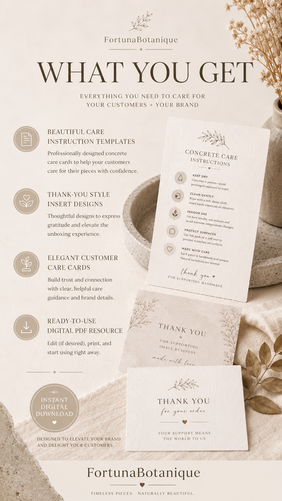 Concrete Care Instruction Card Templates | Printable Product Care & Thank-You Inserts for Concrete Makers