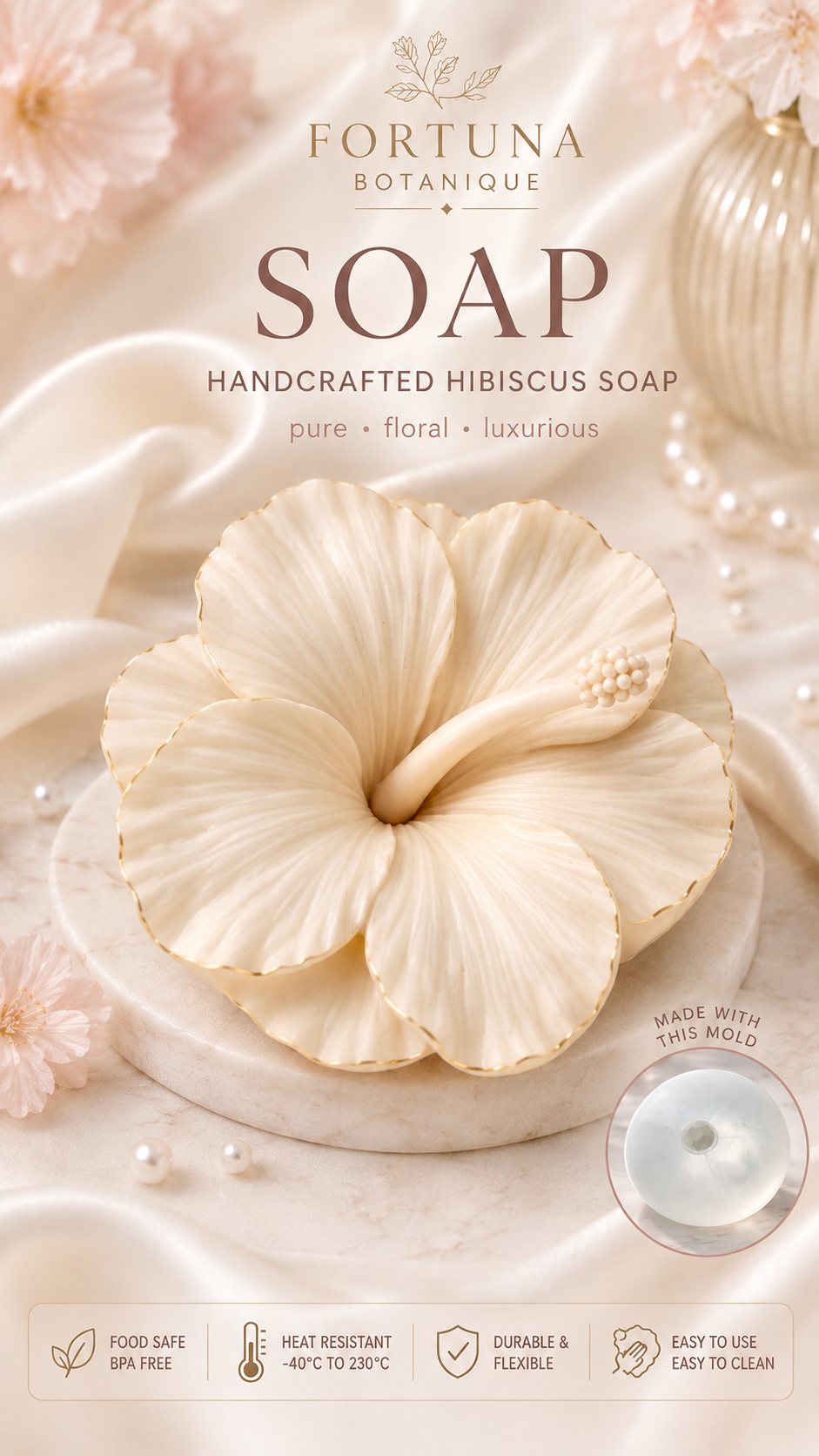 Hibiscus Silicone Flower Mold for Soap, Candles, Resin, Chocolate & Zefir