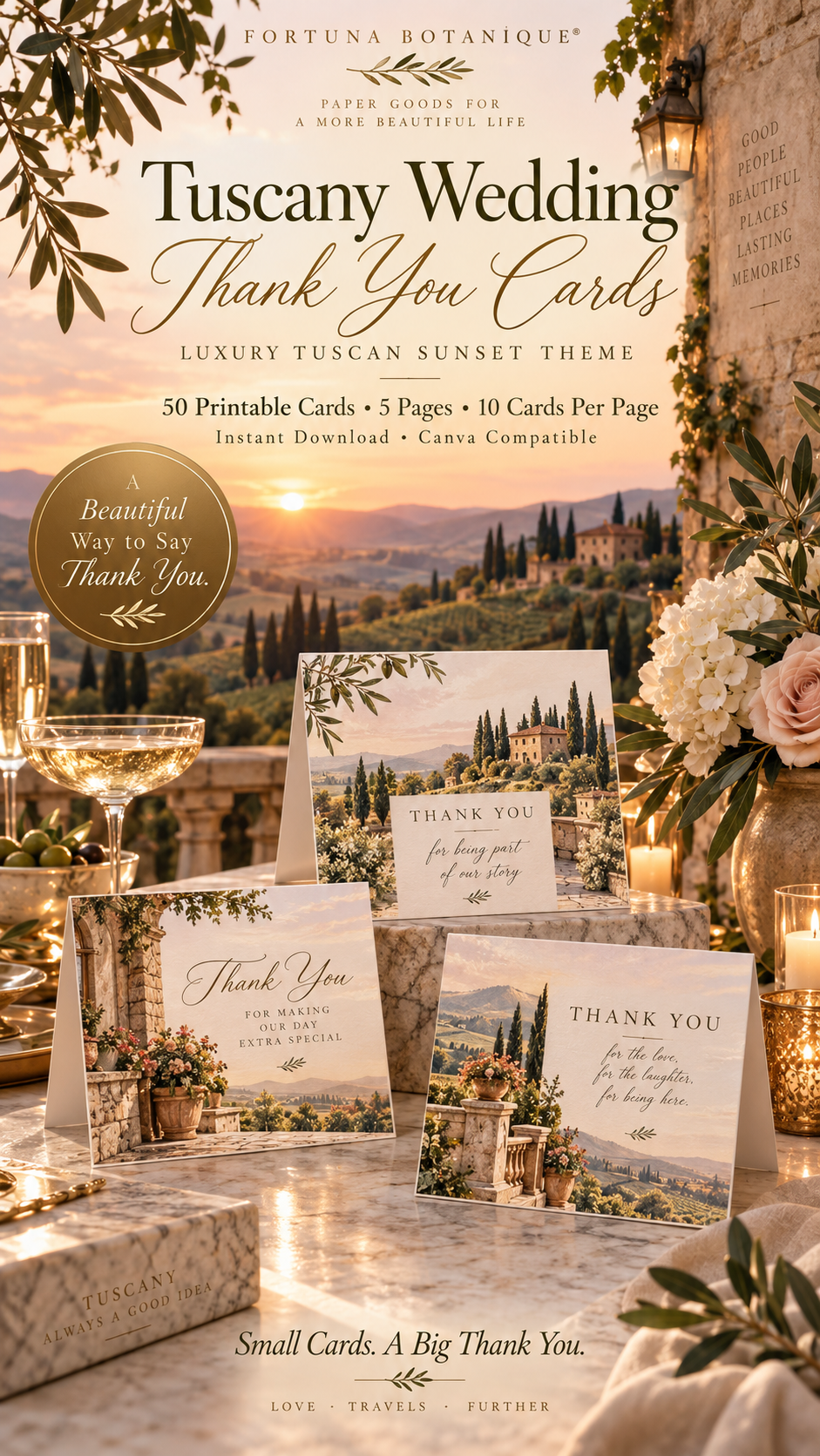 Tuscany Wedding Thank You Cards | 50 Printable Tuscan Wedding Cards