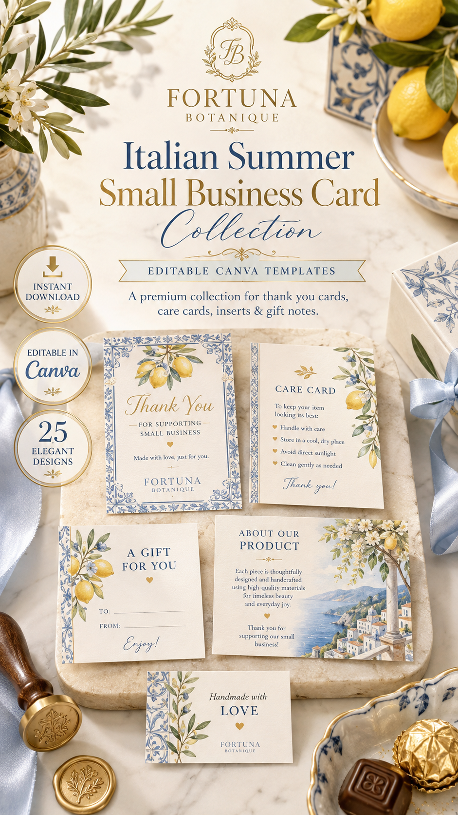 Italian Summer Small Business Card Collection | Editable Canva Thank You, Care & Insert Templates