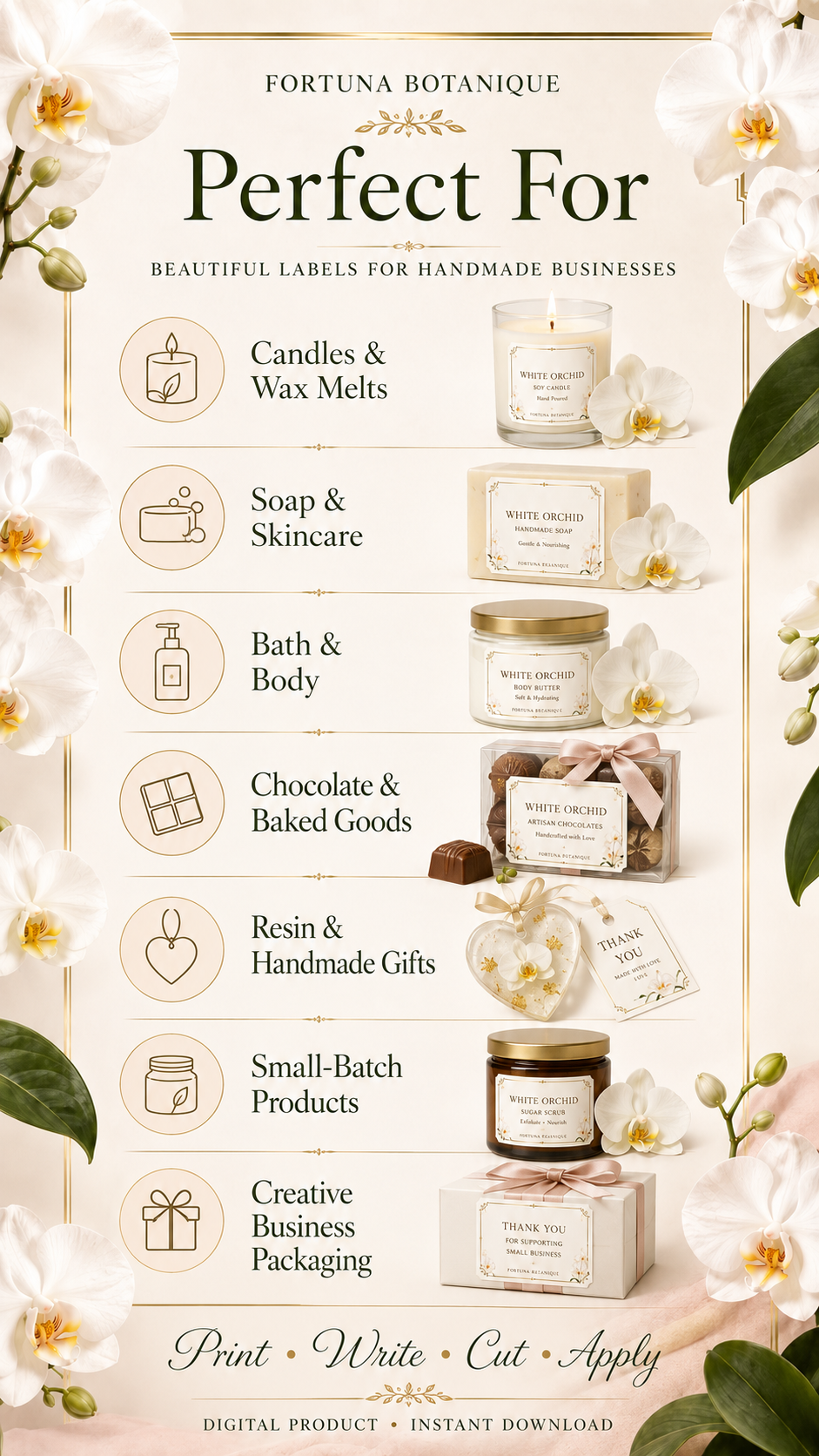 White Orchid Printable Fill-In Labels | 50 Small Business Product & Packaging Labels