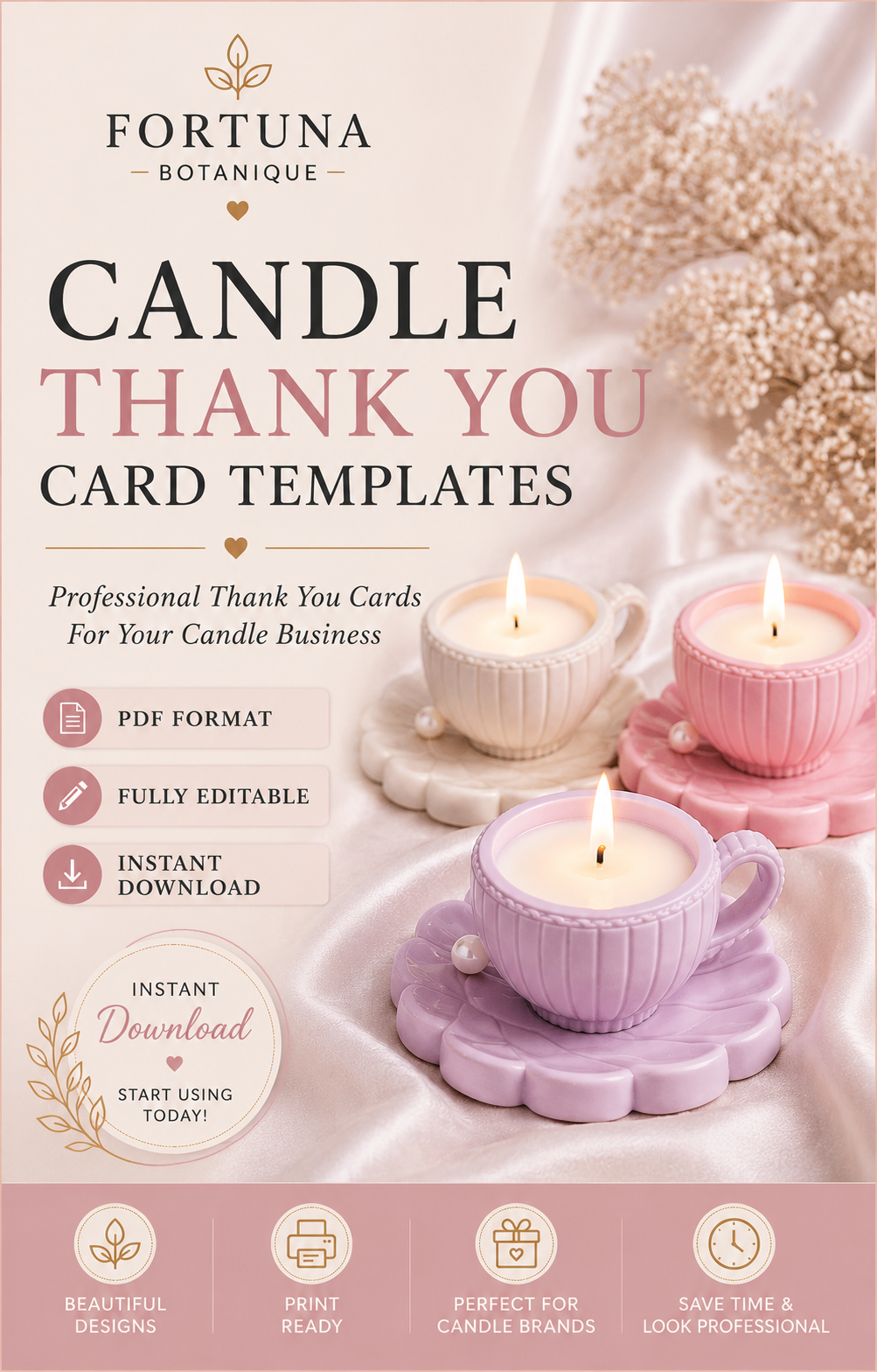 Luxury Candle Thank You Card Templates | Editable Printable Thank You Cards | Small Business Branding | Instant PDF Download