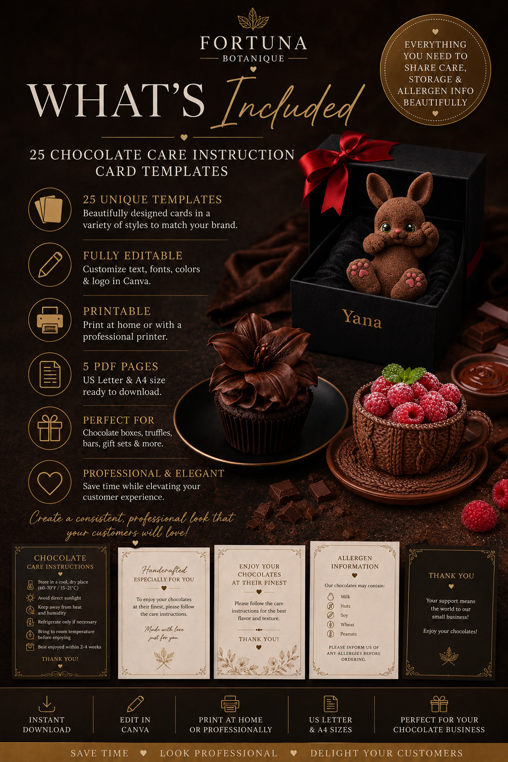 Luxury Chocolate Care Instruction Card Templates | Editable Printable Care Cards for Chocolate Businesses (Instant PDF Download)