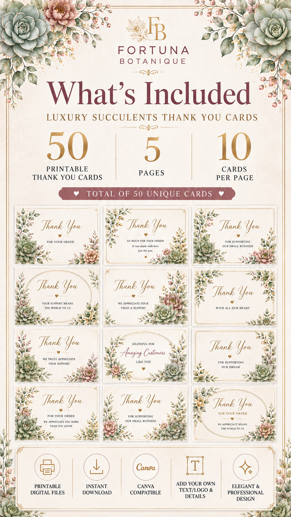 Luxury Succulent Printable Thank You Cards | 50 Small Business Cards