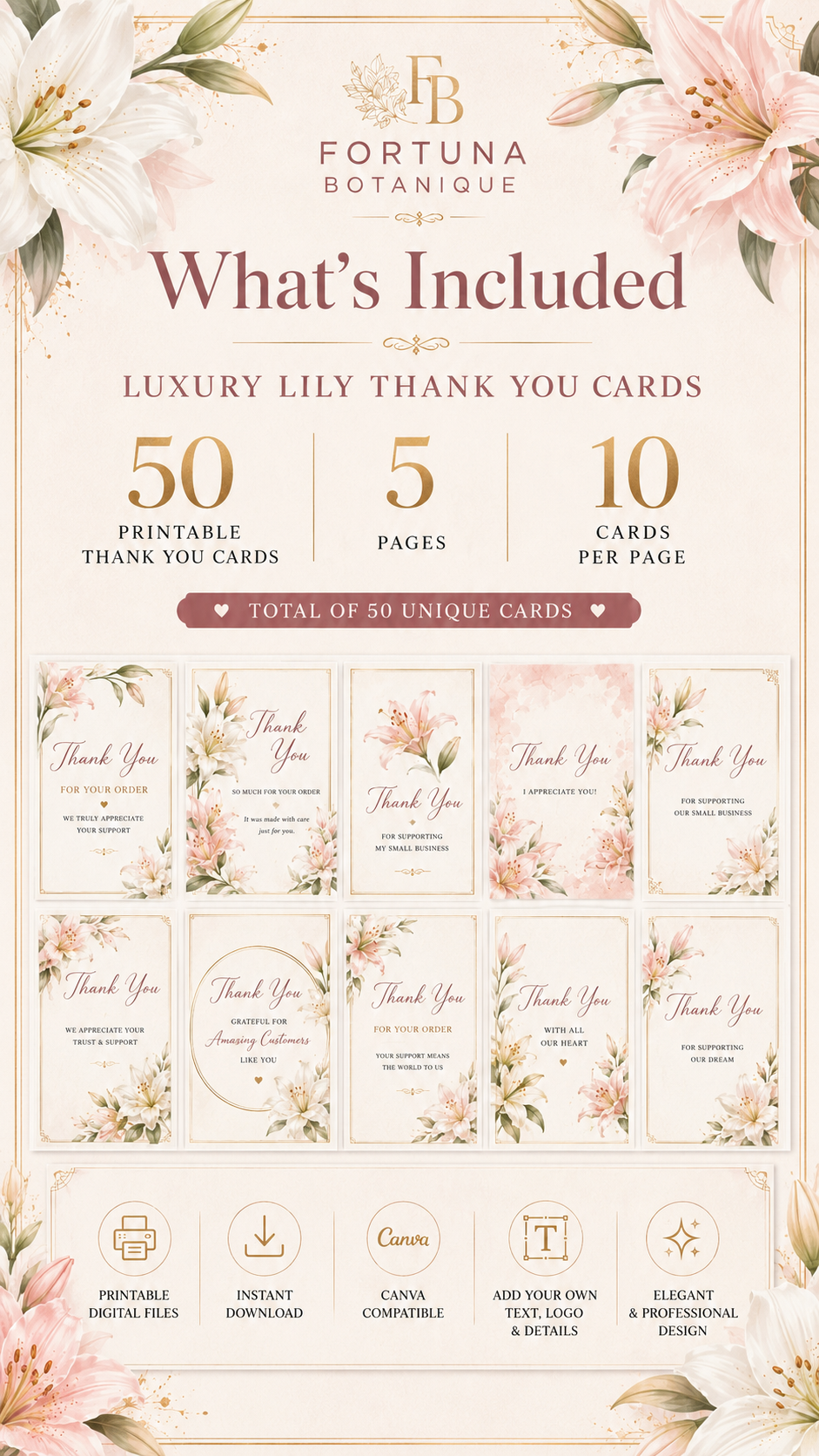 Luxury Lily Printable Thank You Cards | 50 Small Business Cards