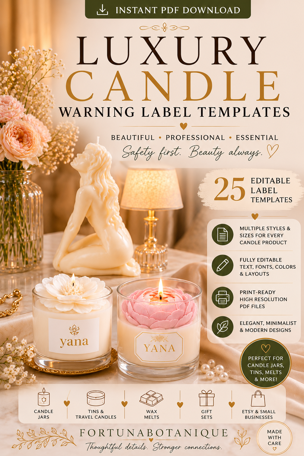 Luxury Candle Warning Label Templates | Editable Printable Safety Labels for Handmade Candle Businesses