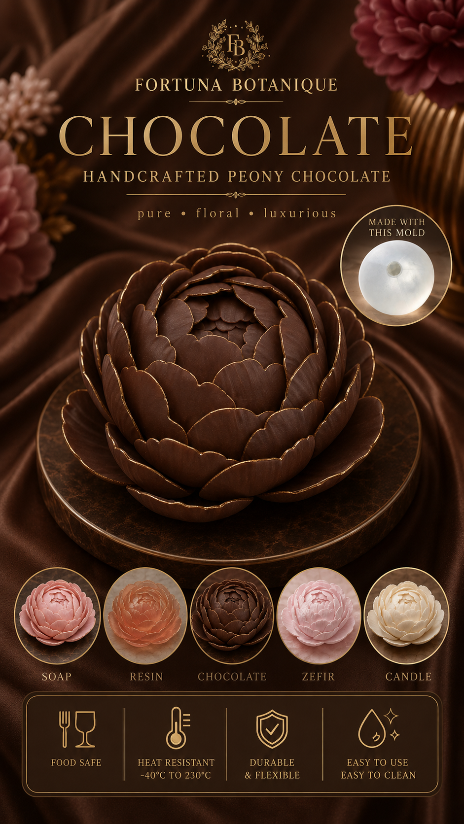 Peony Flower Silicone Mold for Soap, Candles, Resin, Chocolate & Zefir