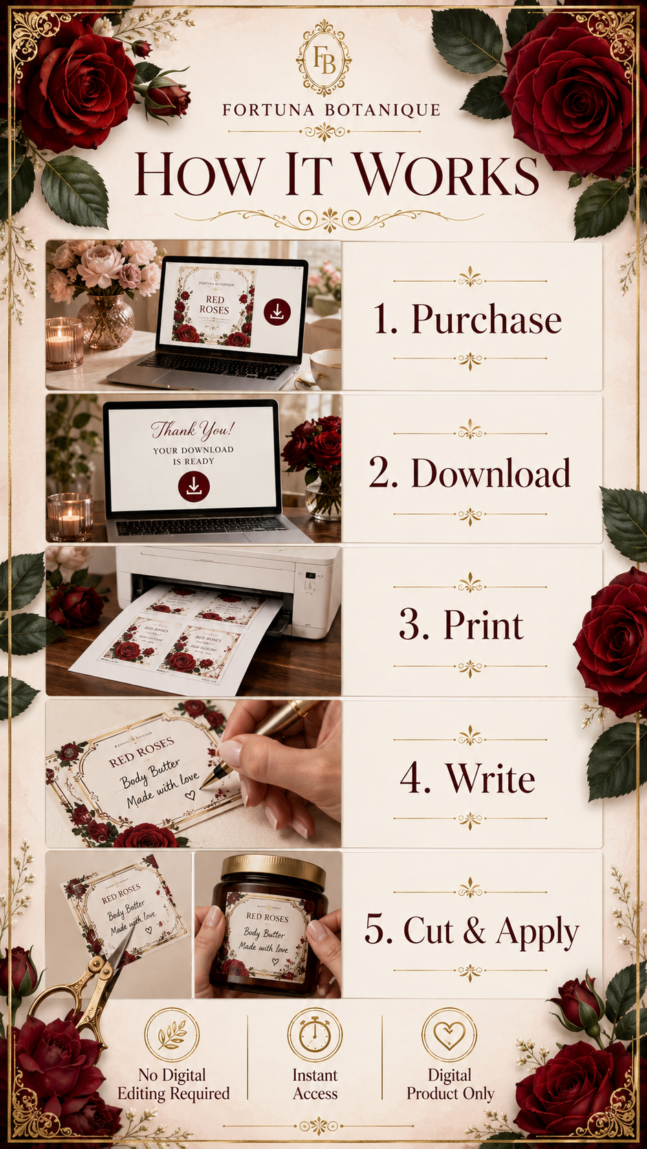 Red Rose Printable Fill-In Labels | 50 Small Business Product & Packaging Labels