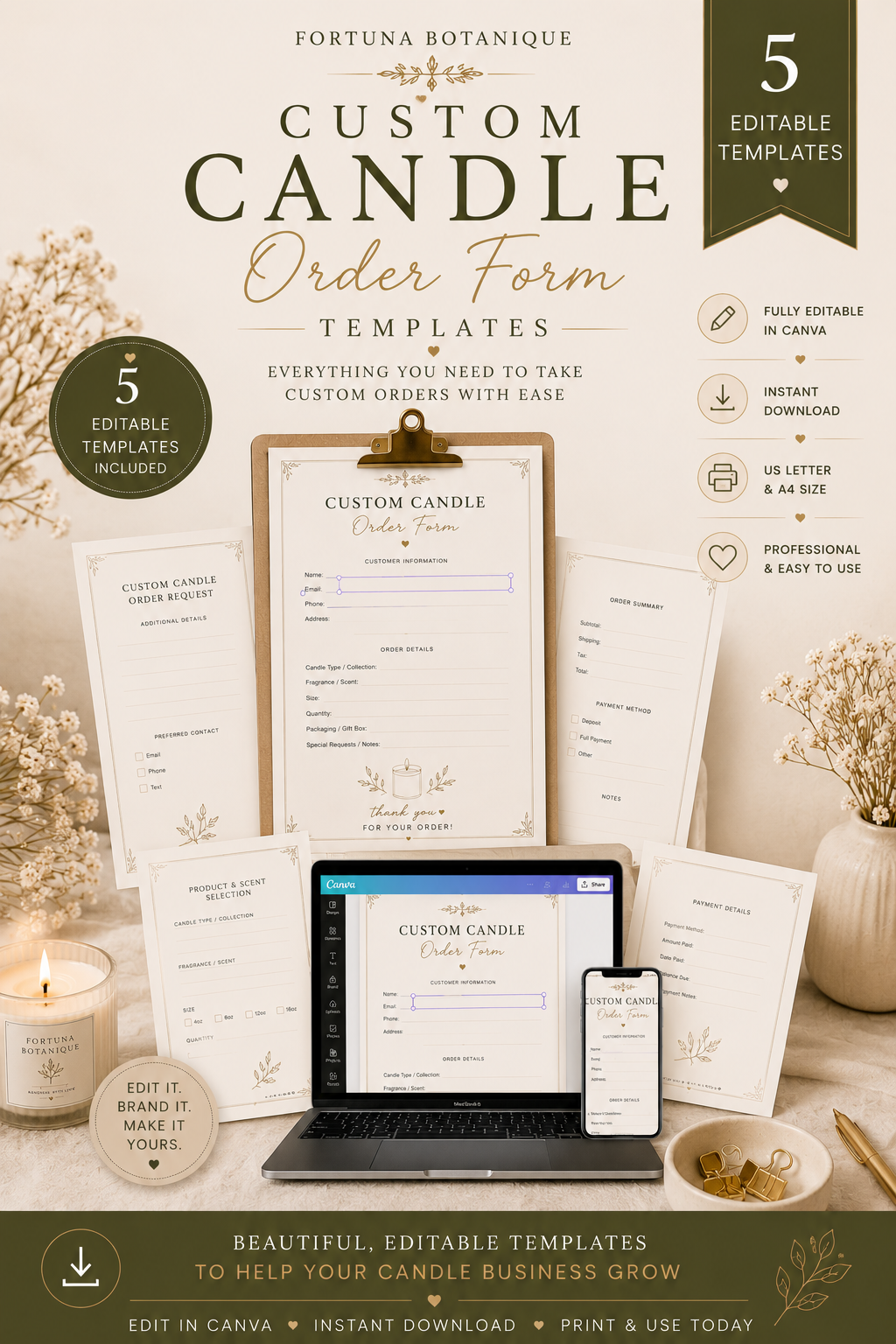 Luxury Candle Order Form Templates | Printable Customer Order Forms | Editable Canva PDF for Candle Makers | Instant Digital Download