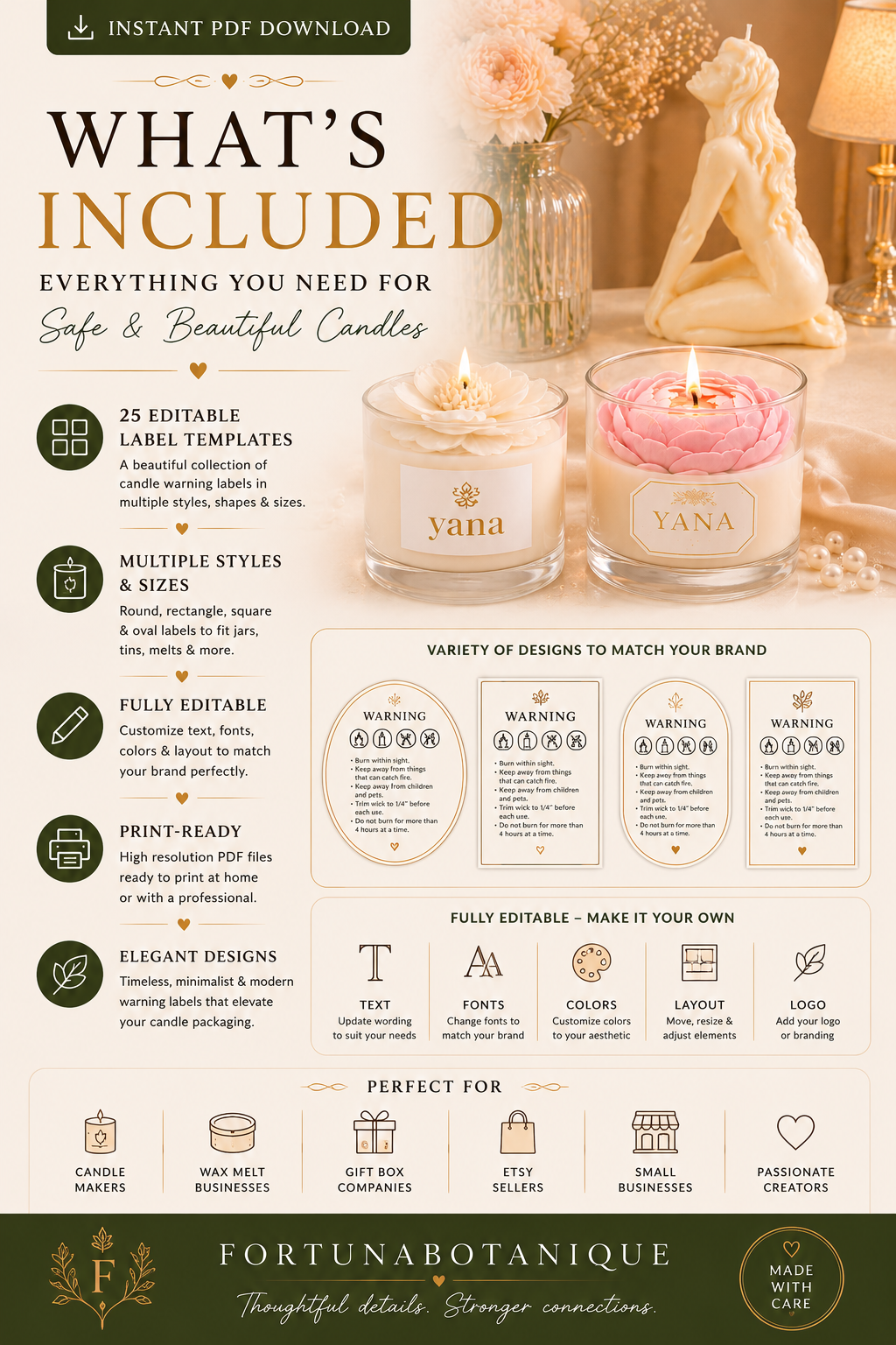 Luxury Candle Warning Label Templates | Editable Printable Safety Labels for Handmade Candle Businesses