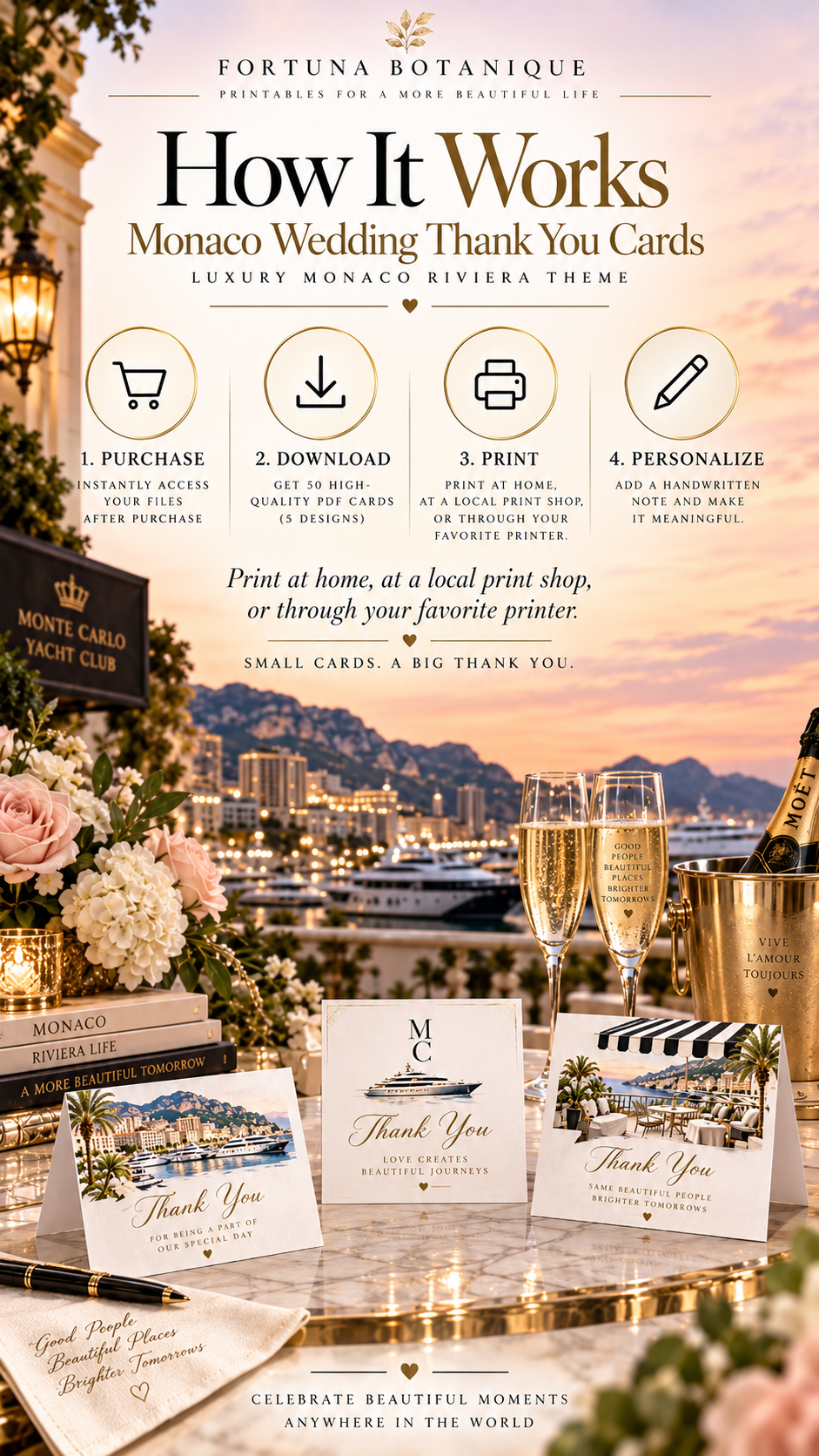 Monaco Wedding Thank You Cards | 50 Printable Riviera Wedding Cards