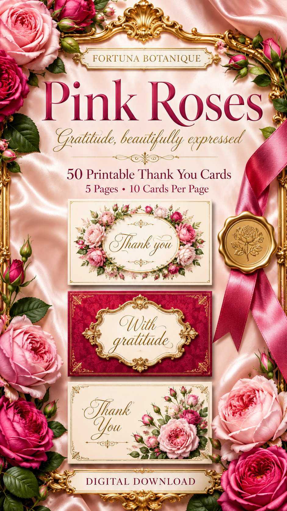 Luxury Pink Roses Printable Thank You Cards | 50 Small Business Cards