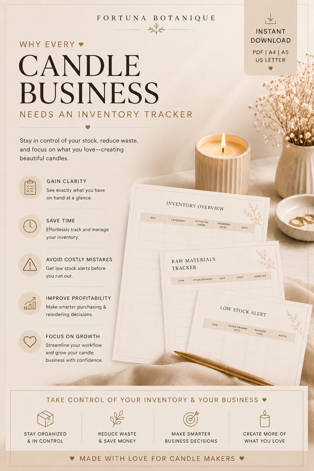Luxury Candle Inventory Tracker | Printable Inventory Management Workbook for Candle Makers | Stock Control & Business Organization | Instant PDF Download