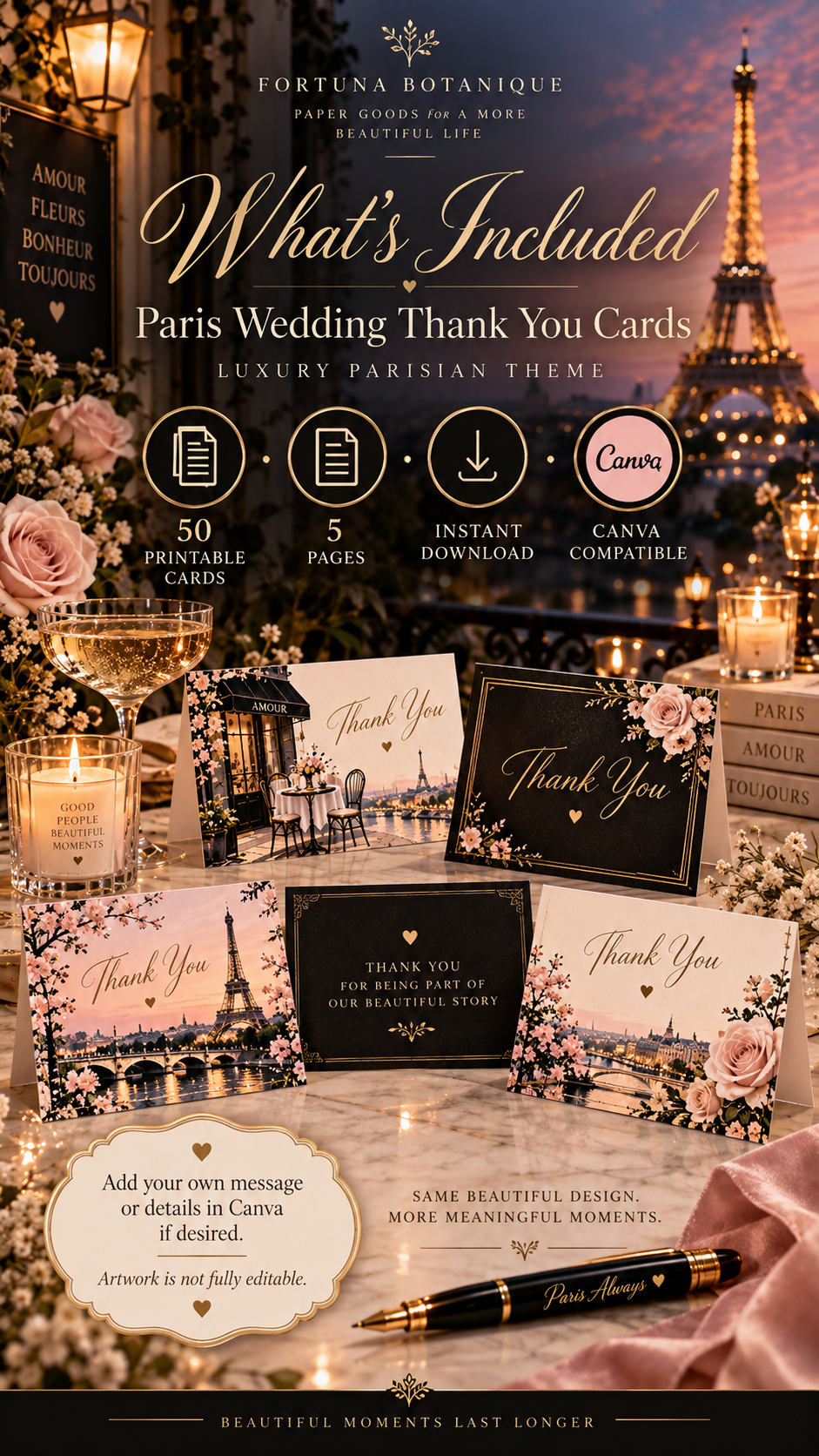 Paris Wedding Thank You Cards | 50 Printable Parisian Wedding Cards
