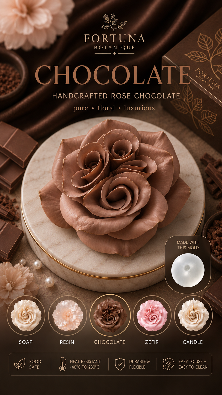 Rose Silicone Flower Mold for Soap, Candles, Resin, Chocolate & Zefir