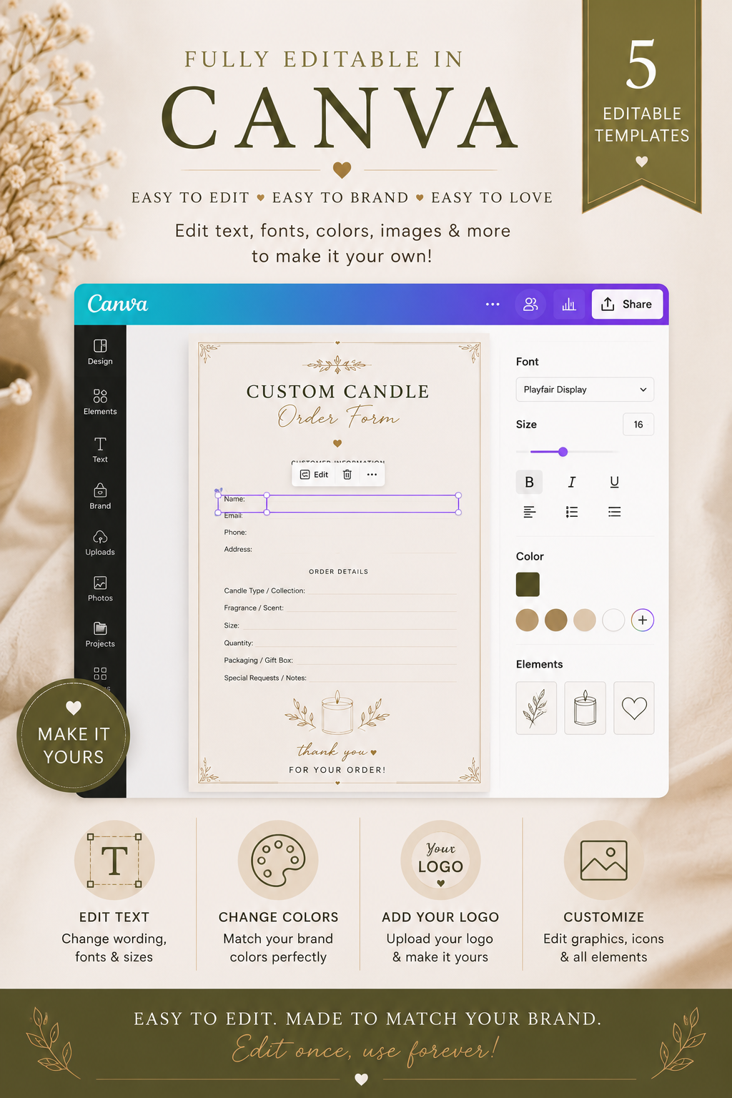 Luxury Candle Order Form Templates | Printable Customer Order Forms | Editable Canva PDF for Candle Makers | Instant Digital Download