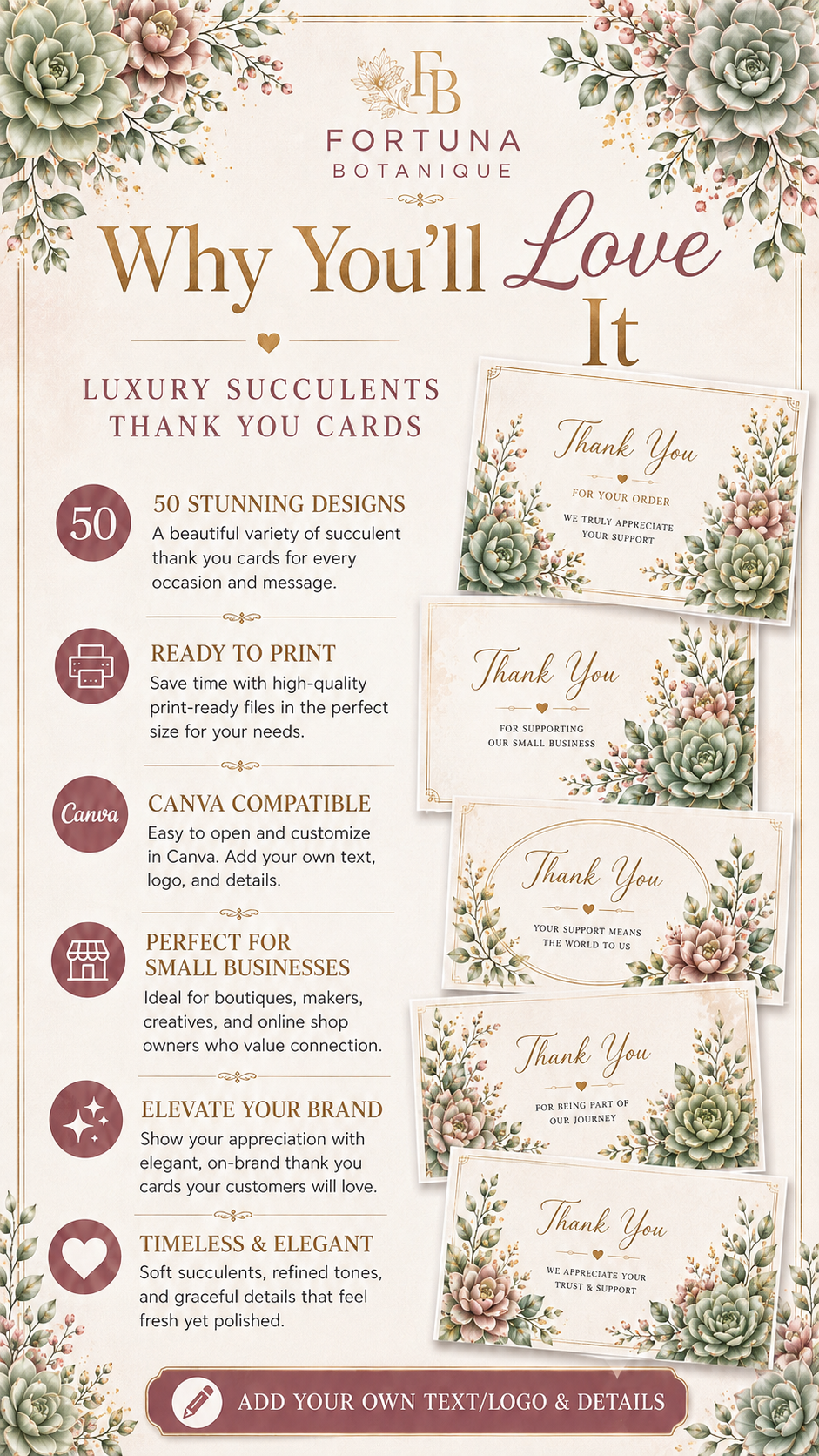 Luxury Succulent Printable Thank You Cards | 50 Small Business Cards