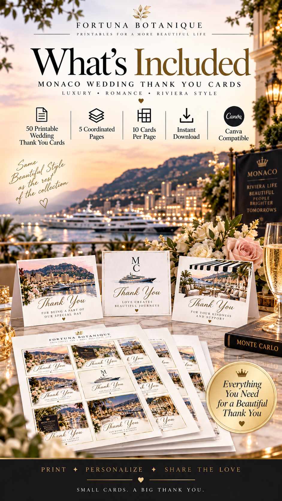 Monaco Wedding Thank You Cards | 50 Printable Riviera Wedding Cards