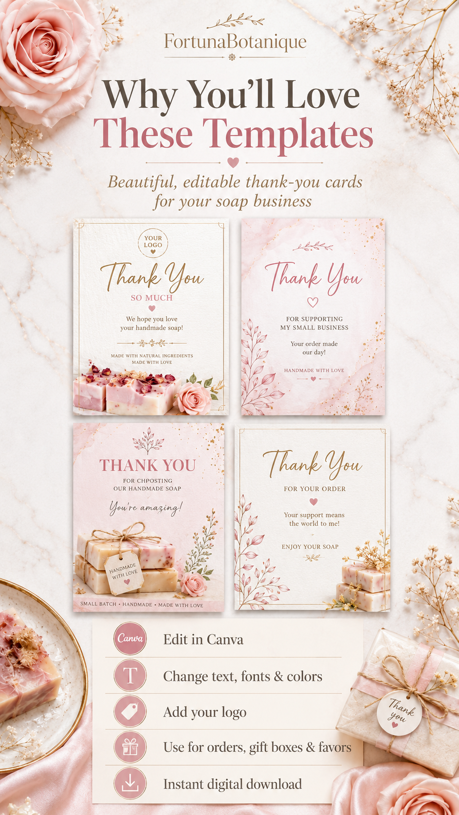50 Editable Soap Thank You Card Templates | Pink Canva Packaging Inserts for Handmade Soap Business