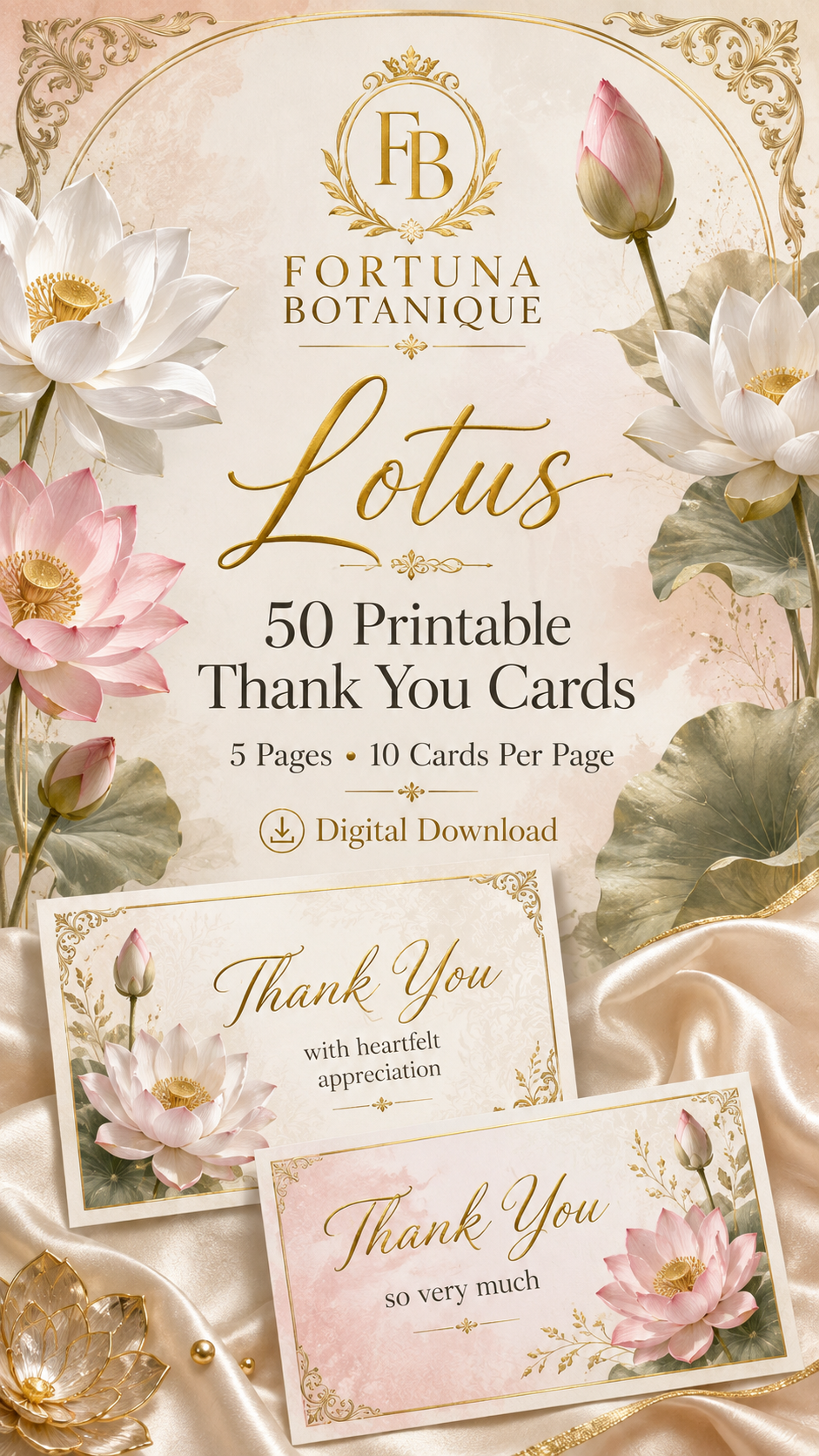 Luxury Lotus Printable Thank You Cards | 50 Small Business Cards