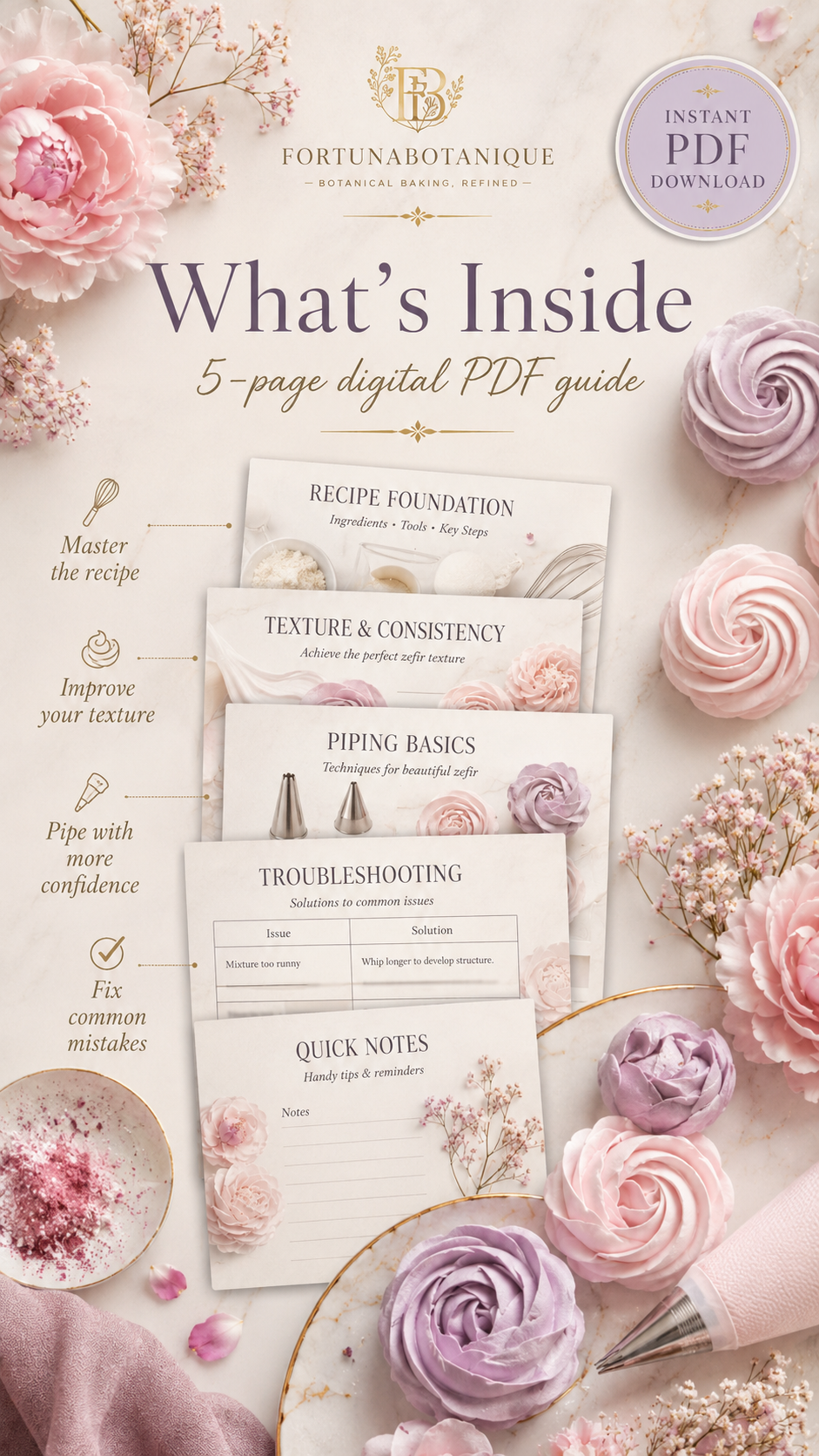 Ultimate Zefir Recipe & Technique Guide | Floral Marshmallow Recipe, Piping Basics & Troubleshooting PDF