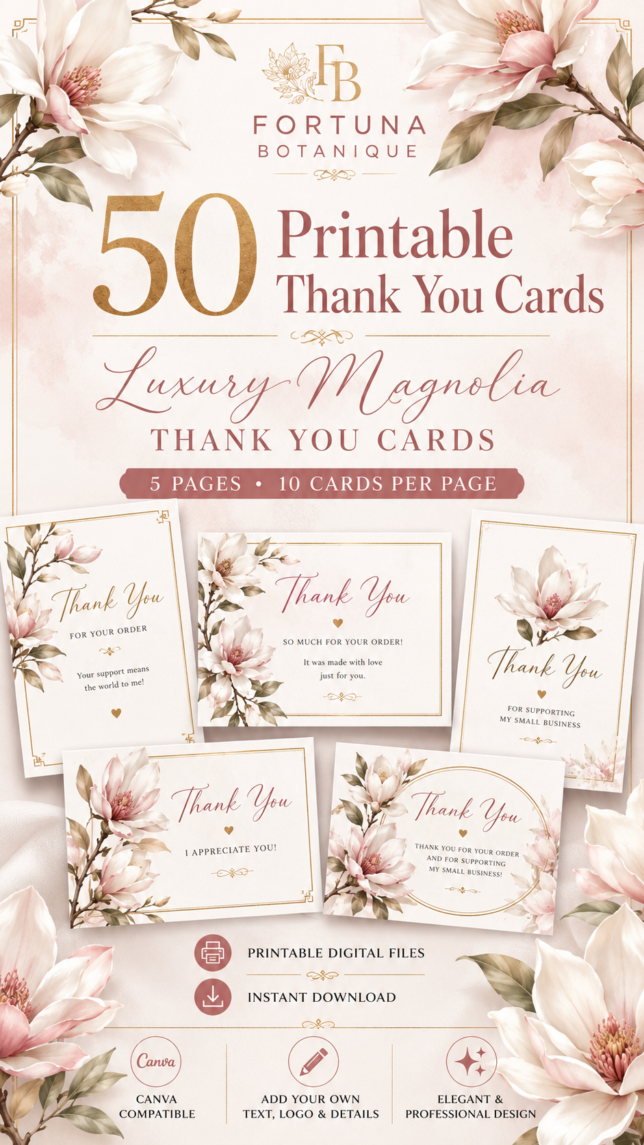 Luxury Magnolia Printable Thank You Cards | 50 Small Business Cards