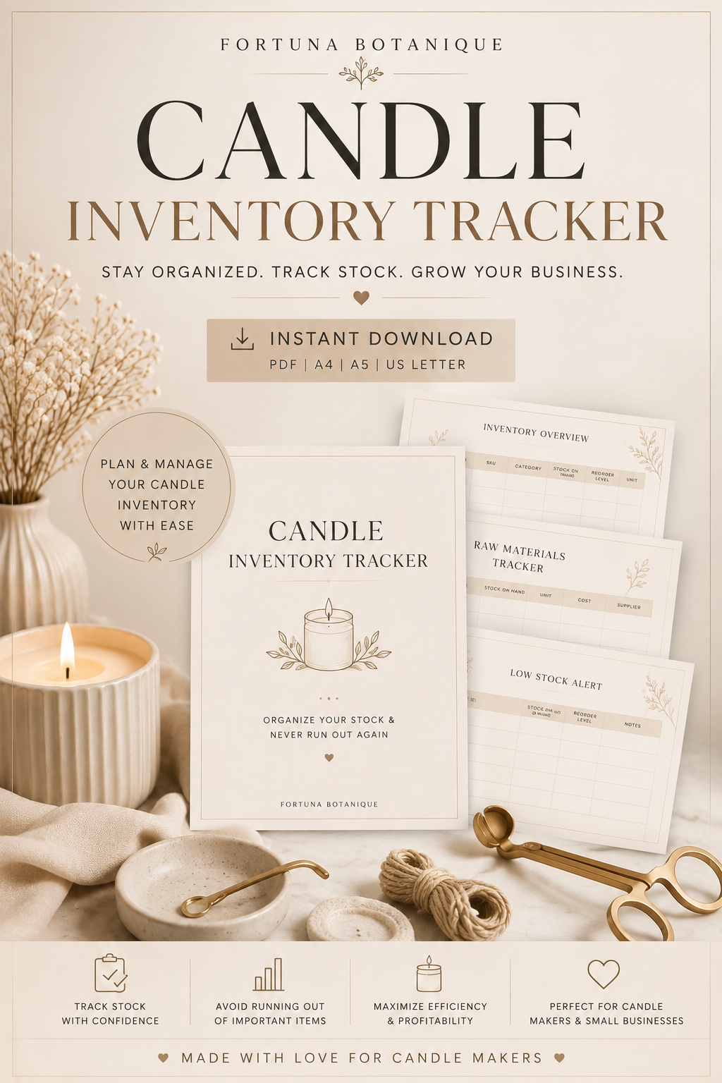 Luxury Candle Inventory Tracker | Printable Inventory Management Workbook for Candle Makers | Stock Control & Business Organization | Instant PDF Download