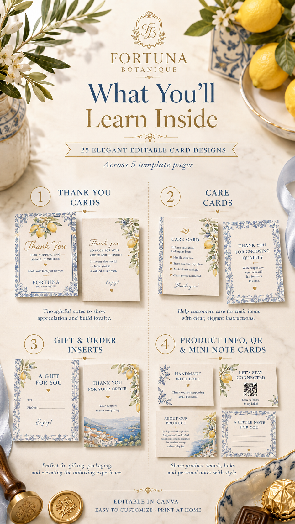 Italian Summer Small Business Card Collection | Editable Canva Thank You, Care & Insert Templates