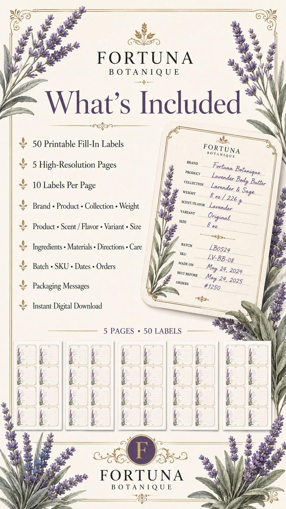Lavender Printable Fill-In Labels | 50 Small Business Product & Packaging Labels