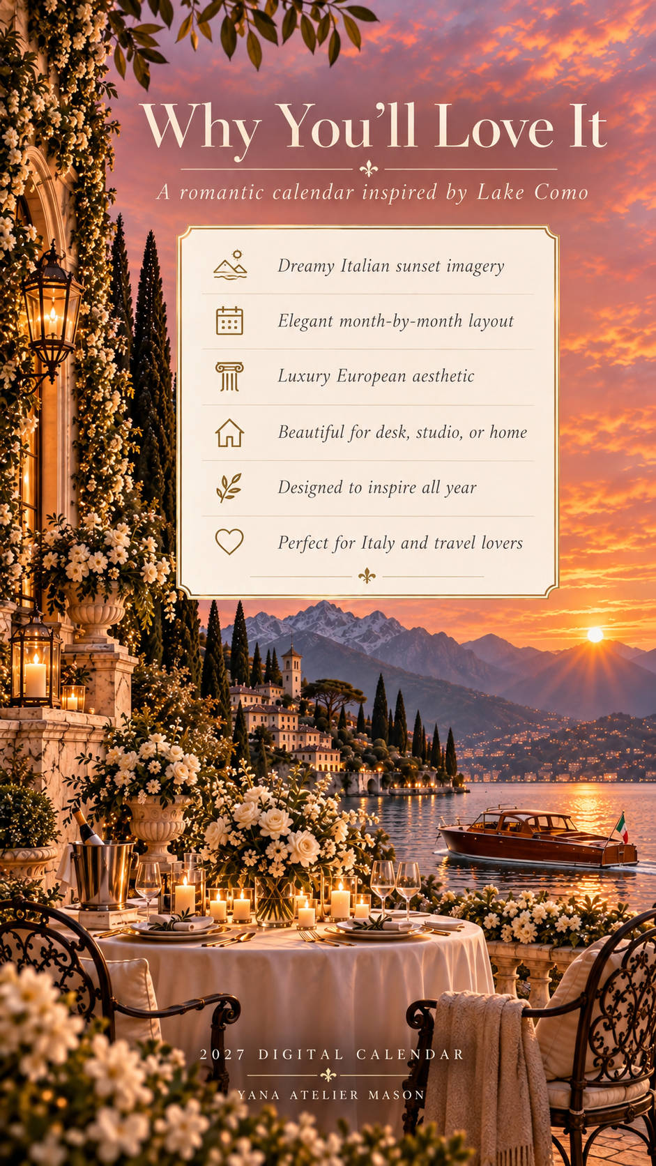 Lake Como 2027 Calendar | Luxury Italian Sunset Printable Calendar