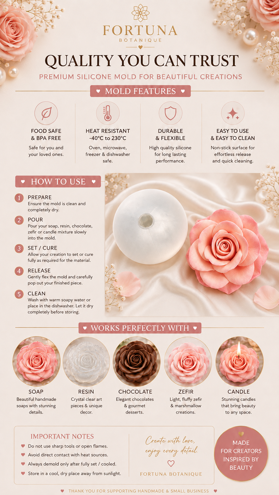 Rose Silicone Flower Mold for Soap, Candles, Resin, Chocolate & Zefir