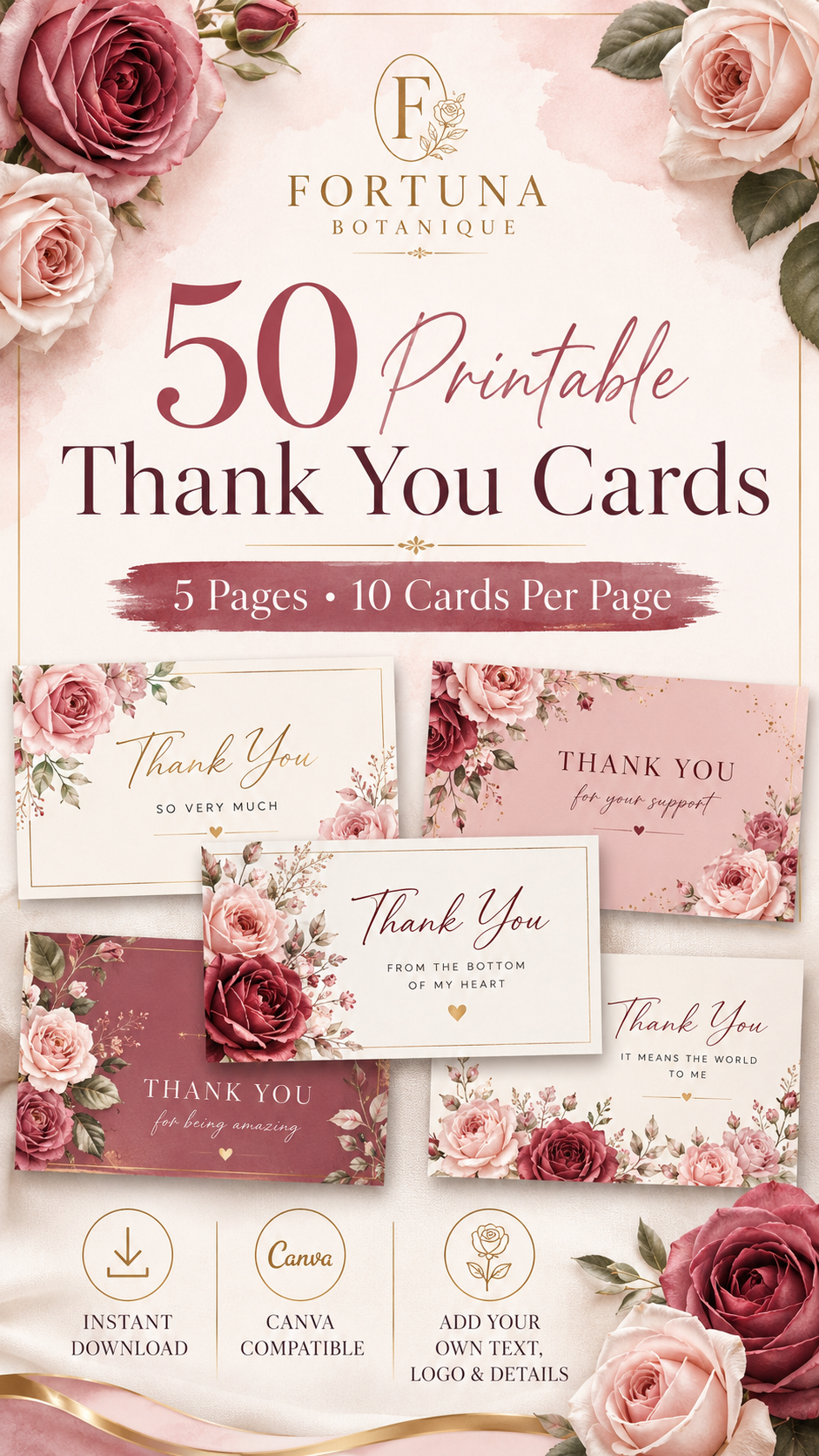 Luxury Rose Printable Thank You Cards | 50 Small Business Cards | Canva Compatible