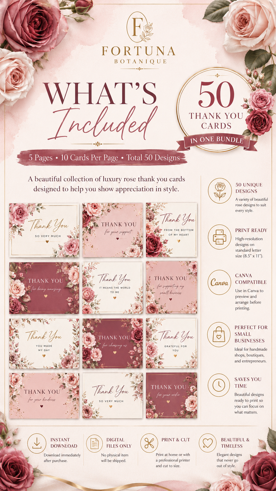 Luxury Rose Printable Thank You Cards | 50 Small Business Cards | Canva Compatible