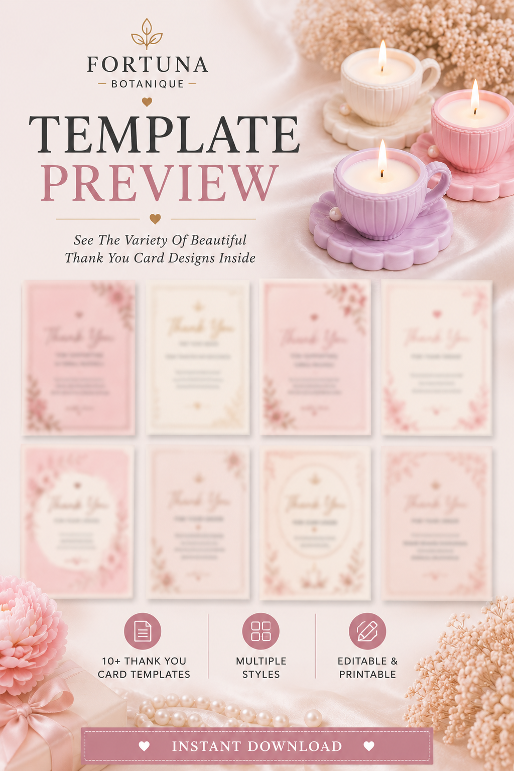 Luxury Candle Thank You Card Templates | Editable Printable Thank You Cards | Small Business Branding | Instant PDF Download