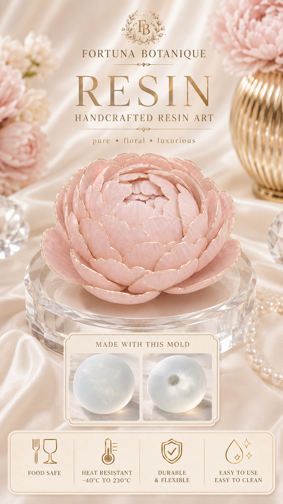 Peony Flower Silicone Mold for Soap, Candles, Resin, Chocolate & Zefir