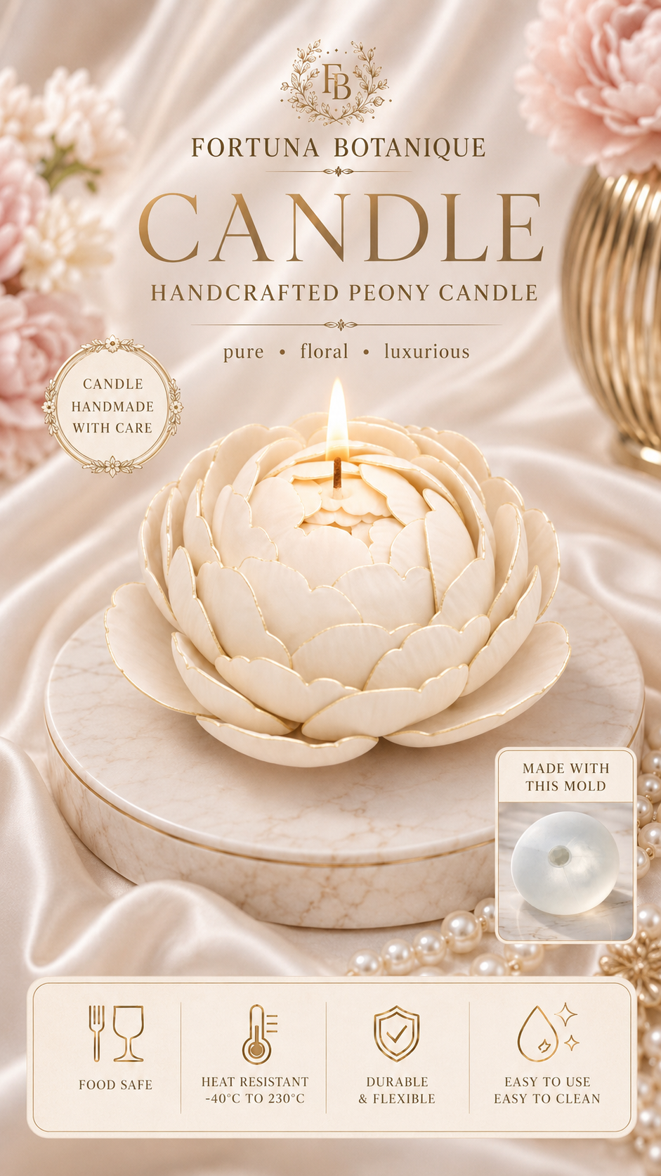 Peony Flower Silicone Mold for Soap, Candles, Resin, Chocolate & Zefir