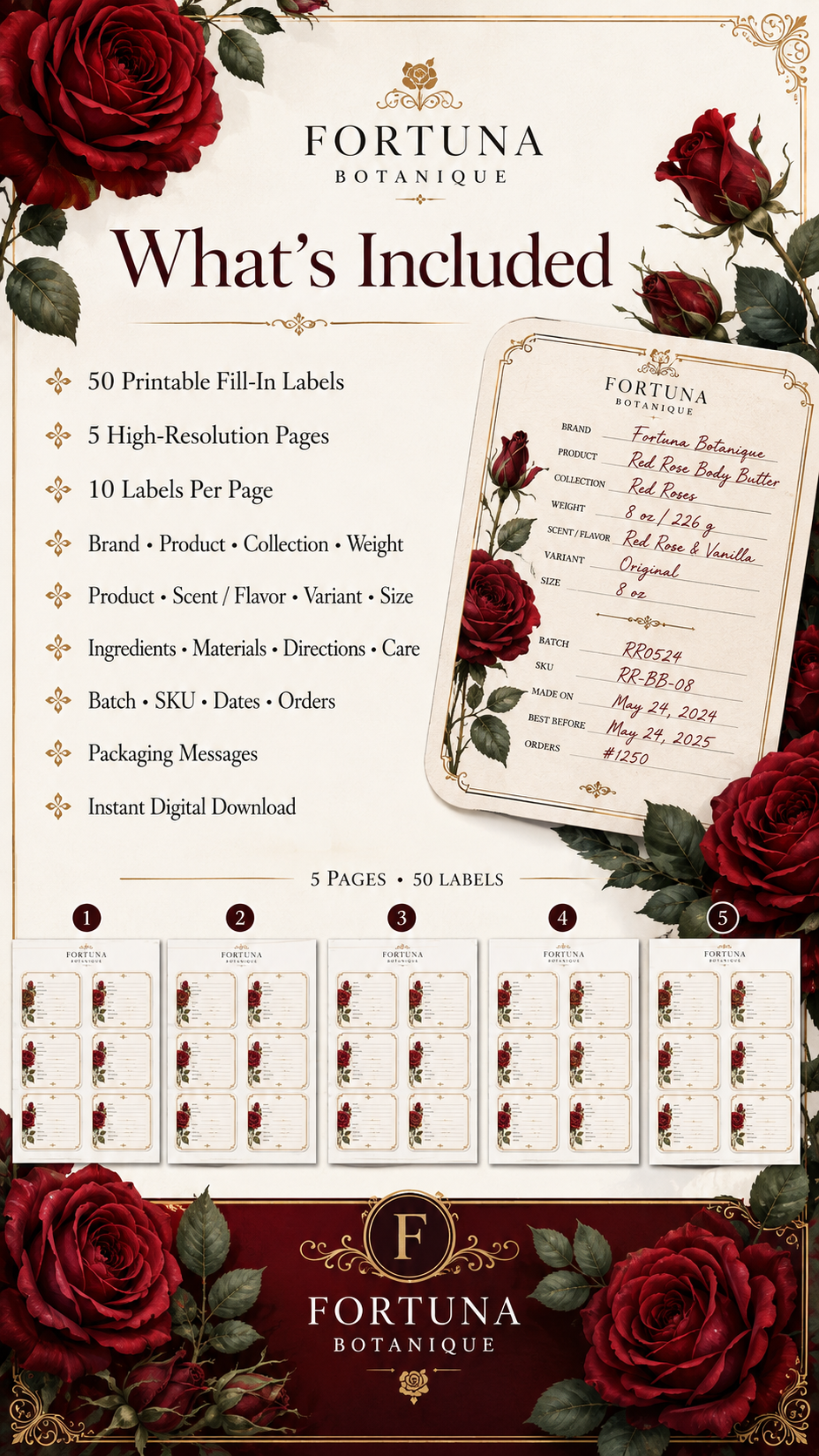 Red Rose Printable Fill-In Labels | 50 Small Business Product & Packaging Labels