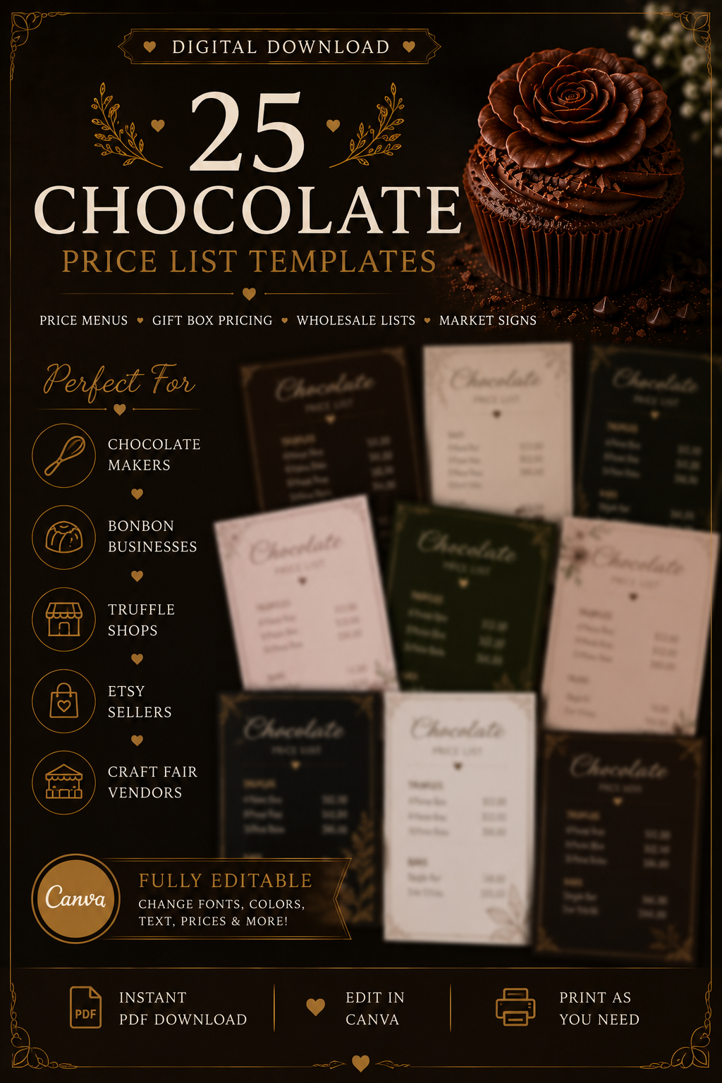Luxury Chocolate Price List Templates | Editable Pricing Menu Templates for Chocolate Businesses (Instant PDF Download)