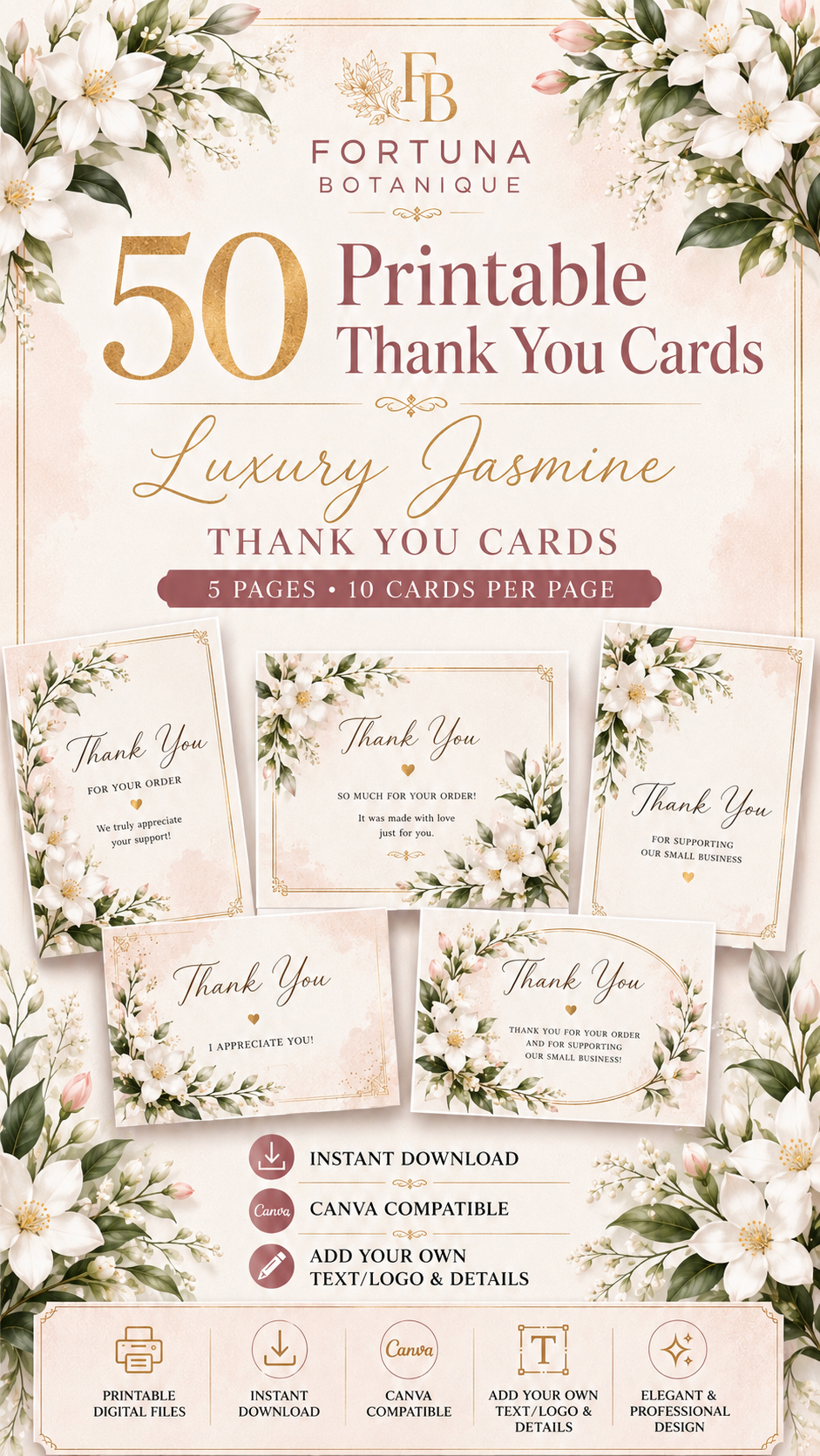 Luxury Jasmine Printable Thank You Cards | 50 Small Business Cards