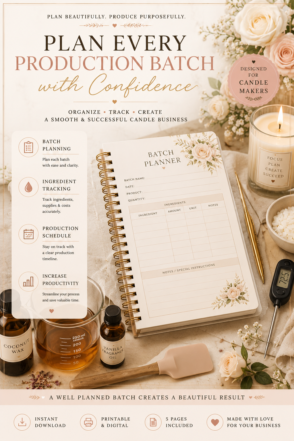 Luxury Candle Production Planner | Production Schedule & Batch Planning Workbook | Instant PDF Download