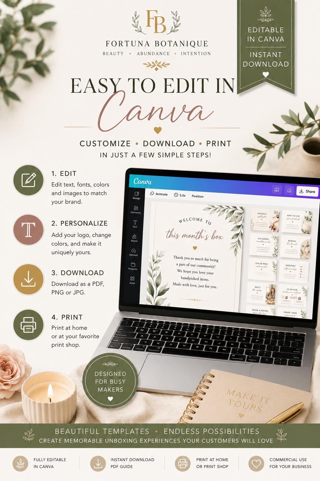 Luxury Subscription Box Insert Templates | Editable Canva Thank You & Packaging Inserts (Instant PDF Download)