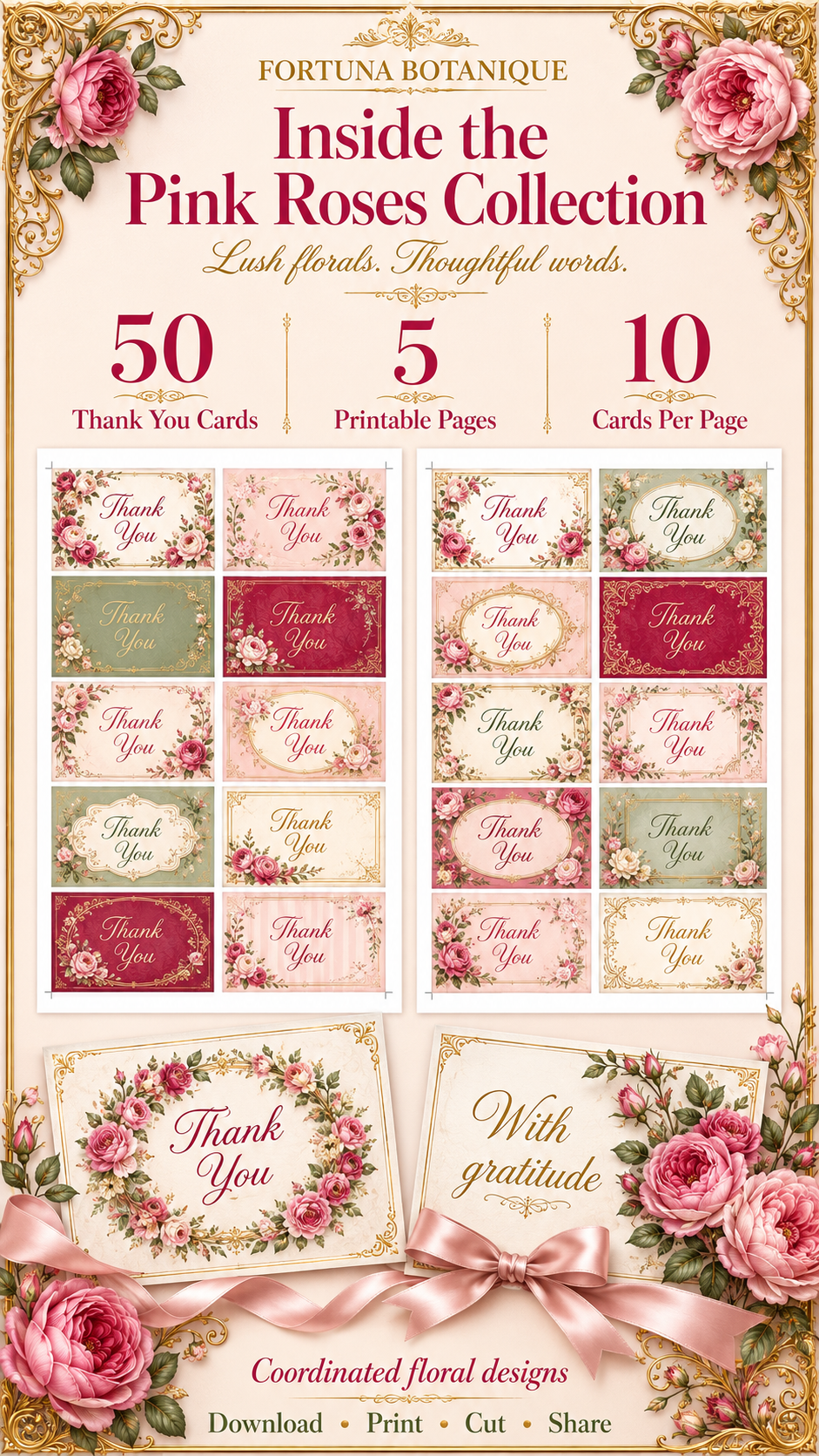 Luxury Pink Roses Printable Thank You Cards | 50 Small Business Cards