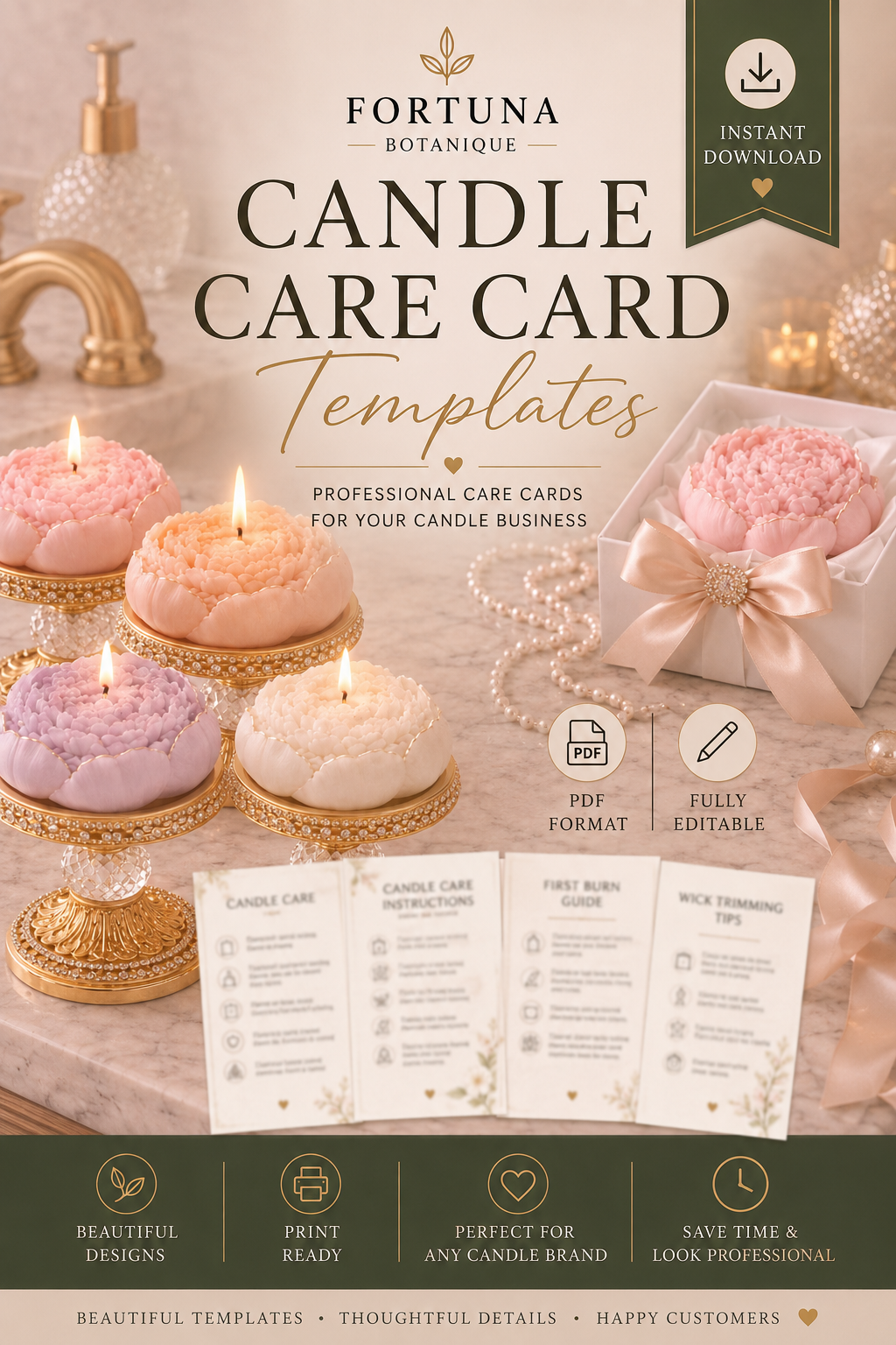 Luxury Candle Care Card Templates | Printable Candle Care Instructions | Editable Candle Care Cards | Instant PDF Download