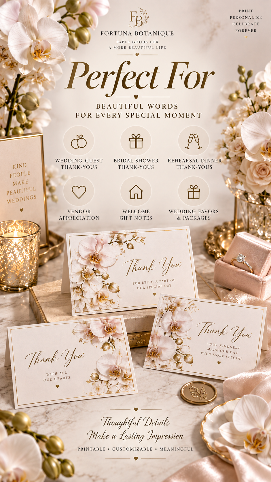 Orchid & Gold Wedding Thank You Cards | 50 Printable Cards