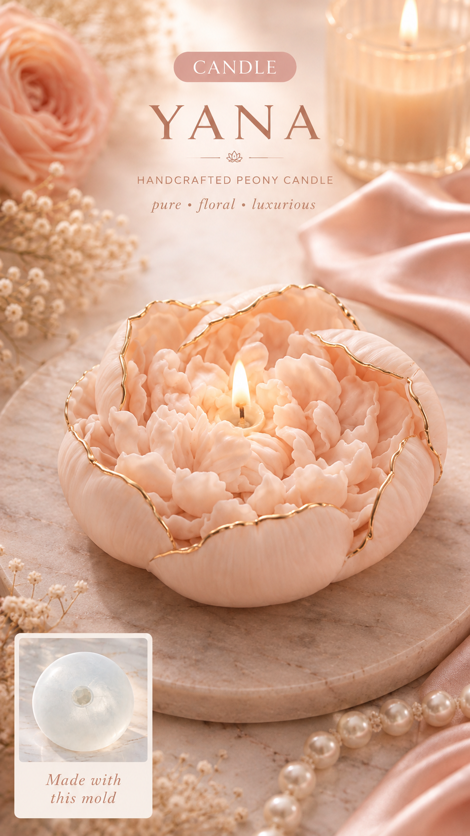 Peony Flower Silicone Mold for Soap, Candles, Resin, Chocolate & Zefir