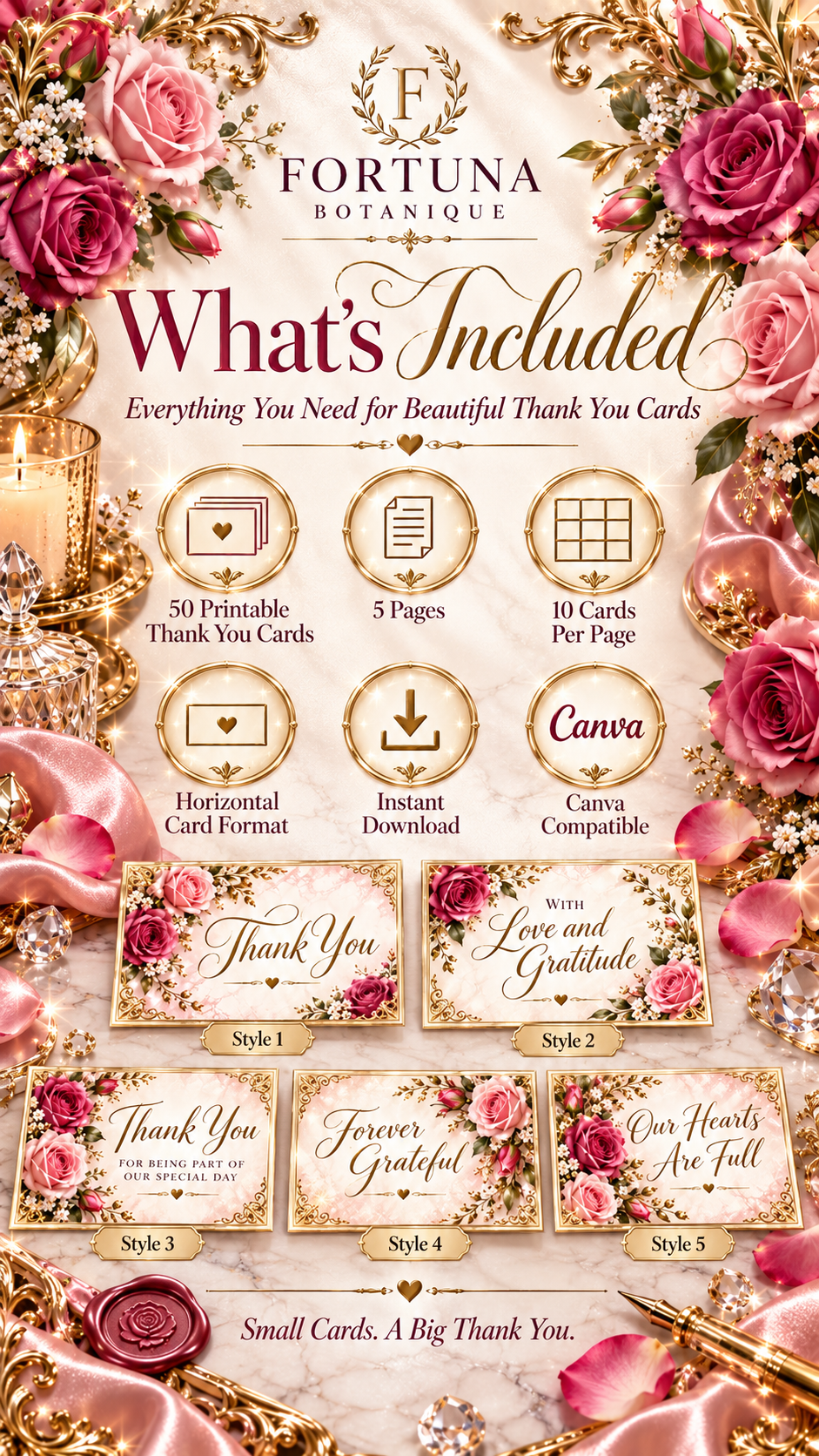 Pink Rose Wedding Thank You Cards | 50 Printable Cards