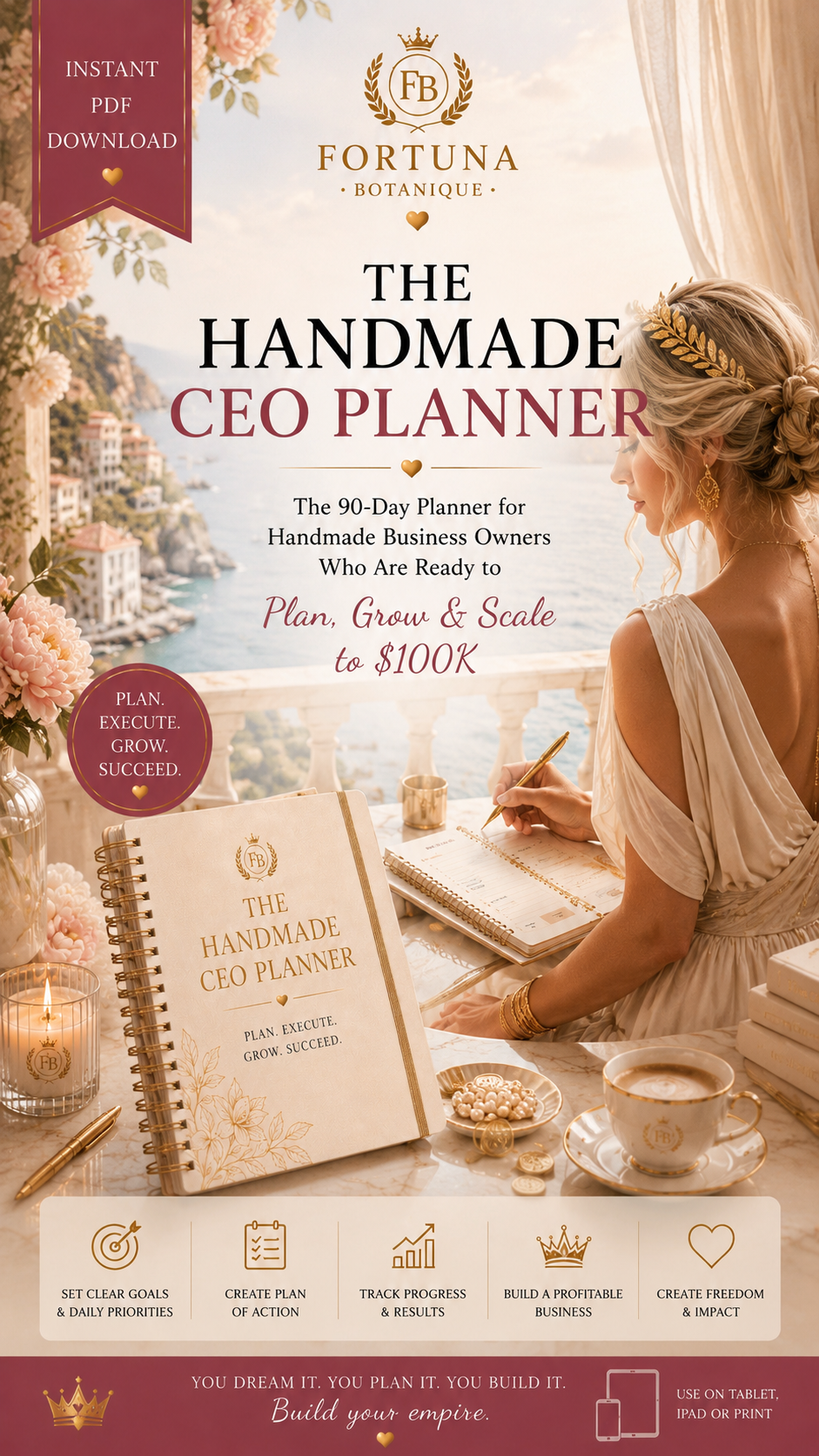 The Handmade CEO Planner™ | Luxury 90-Day Business Planner for Handmade Entrepreneurs | Printable PDF Workbook | Goal, Income & Productivity Tracker