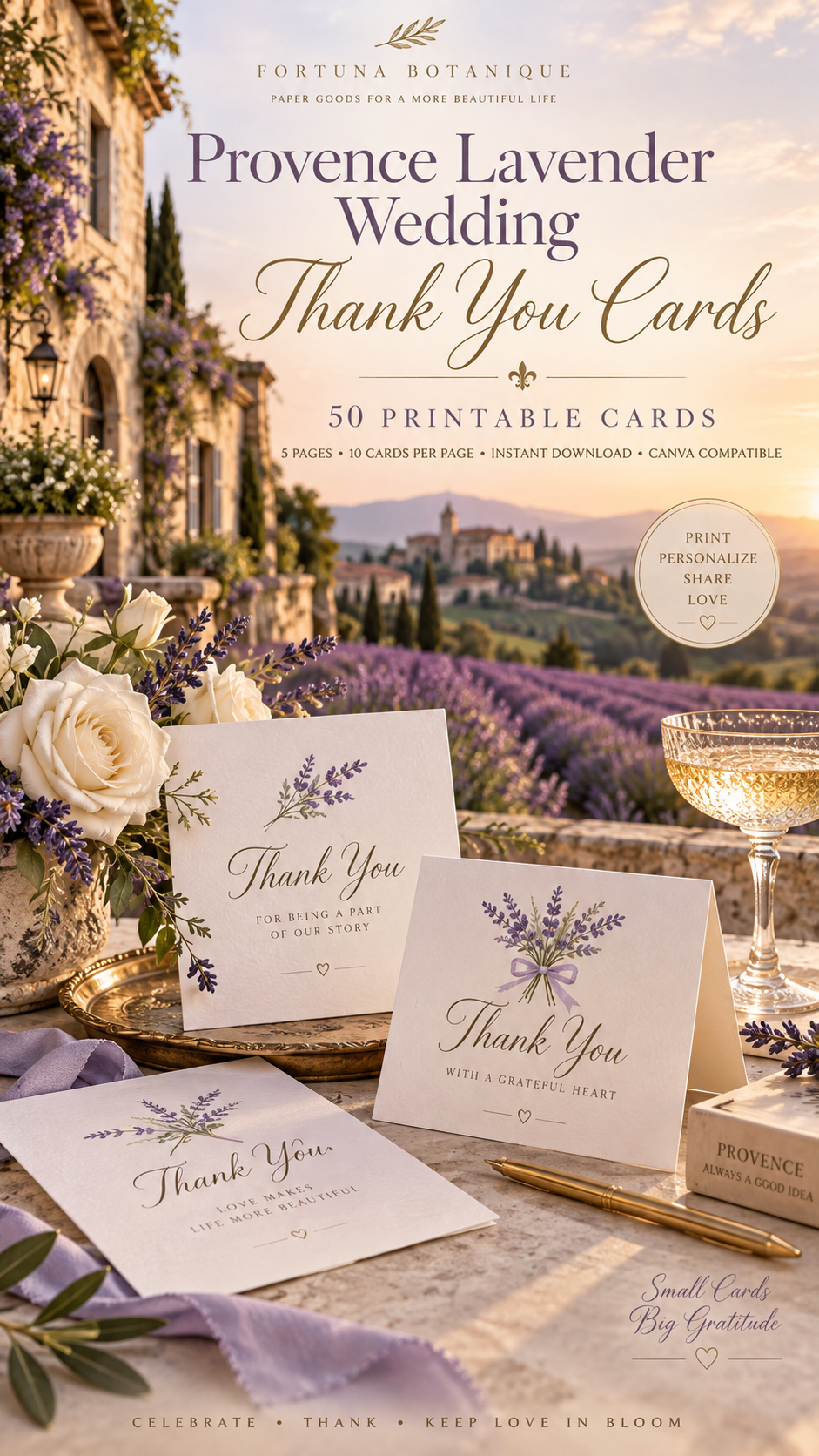 Provence Lavender Wedding Thank You Cards | 50 Printable French Wedding Cards
